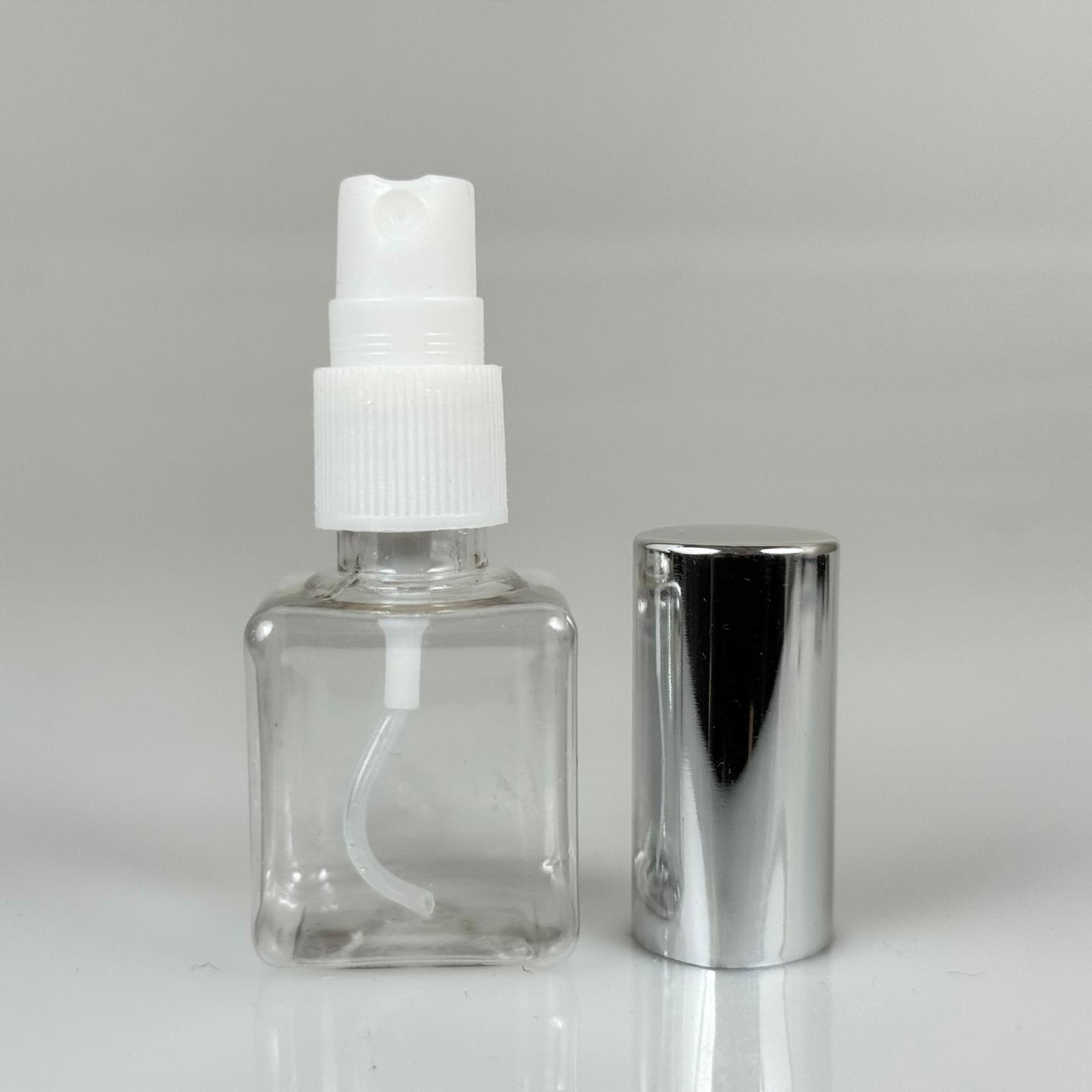 35 ML PET KOLONYA, PARFÜM VB ŞİŞELERİ - METAL ALÜMİNYUM GÜMÜŞ KAPAK + VİDALI SPREY + 35 CC KARE ŞİŞE SET TAKIM