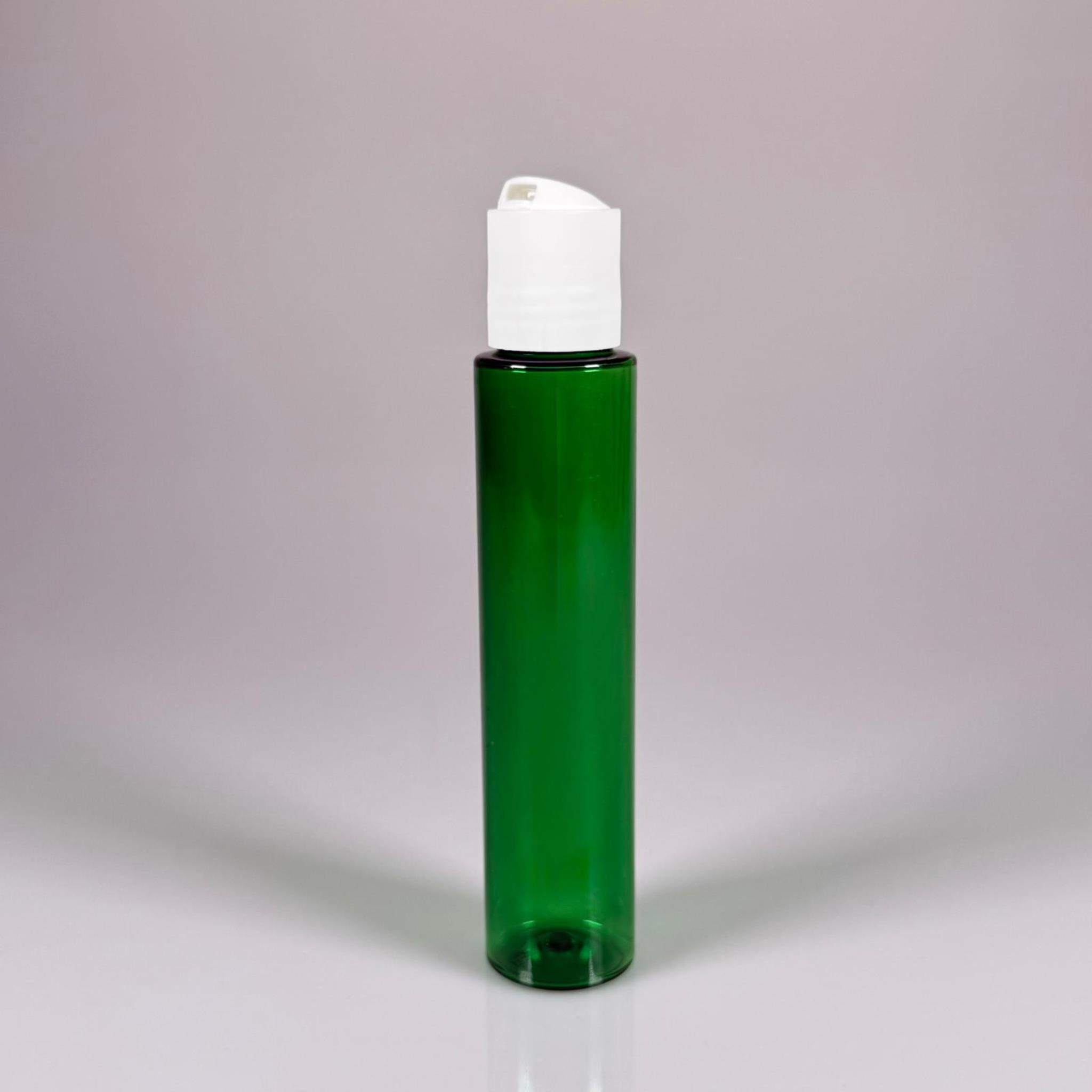 100 CC UZUN SİLİNDİR YEŞİL PET ŞİŞE (24 GR) - BEYAZ DİSKTOP AKITICI ŞAMPUAN KAPAKLI - 100 ML BİBERİYE SUYU, LAVANTA YAĞI, SAÇ SERUM, TONİK VB İÇİN PLASTİK KOZMETİK AMBALAJLARI
