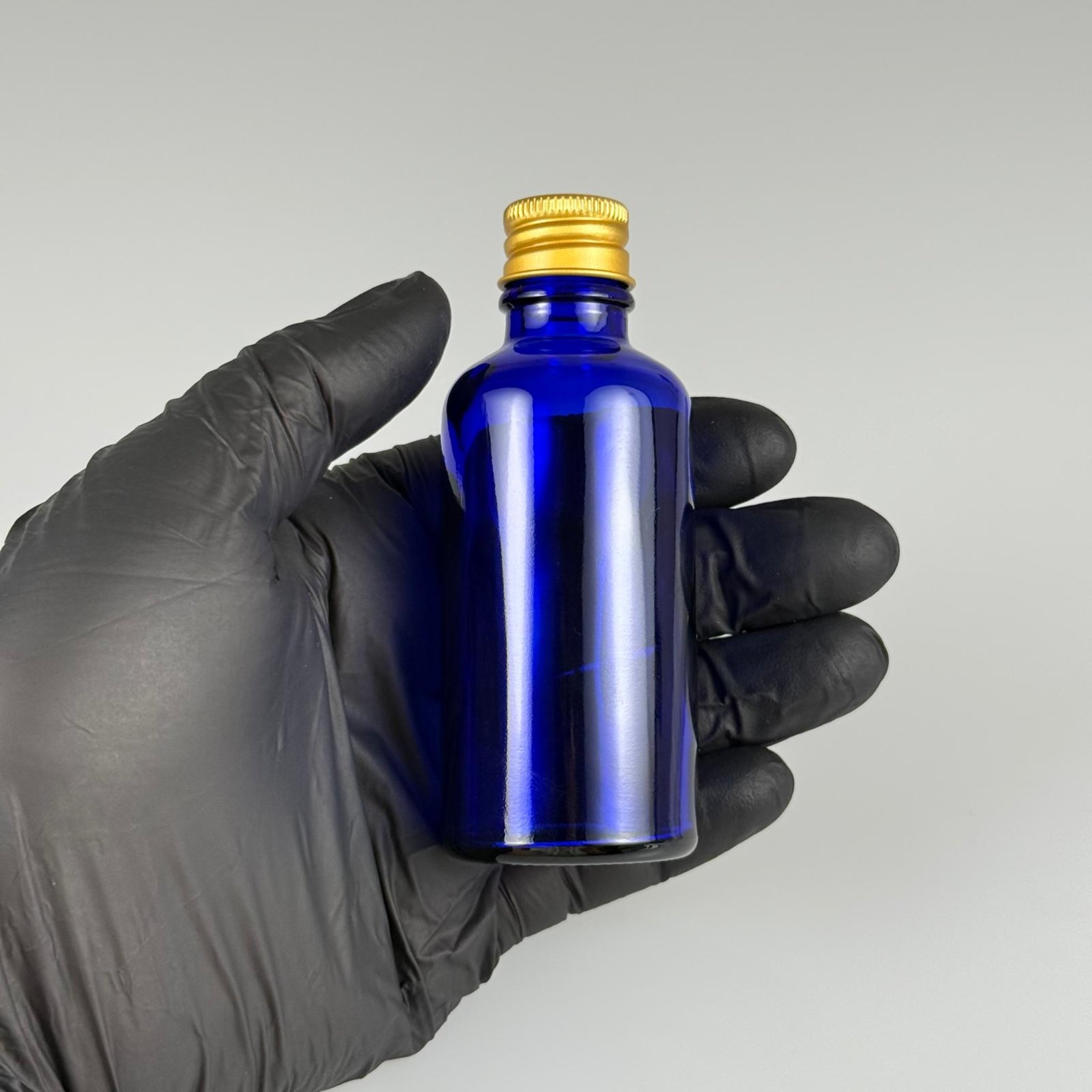 50 CC MAVİ CAM ŞİŞE + KÖPÜK CONTALI GOLD ALÜMİNYUM METAL KAPAKLI + KÖR TIPALI TAKIM - 50 ML MAVİ CAM ŞİŞE