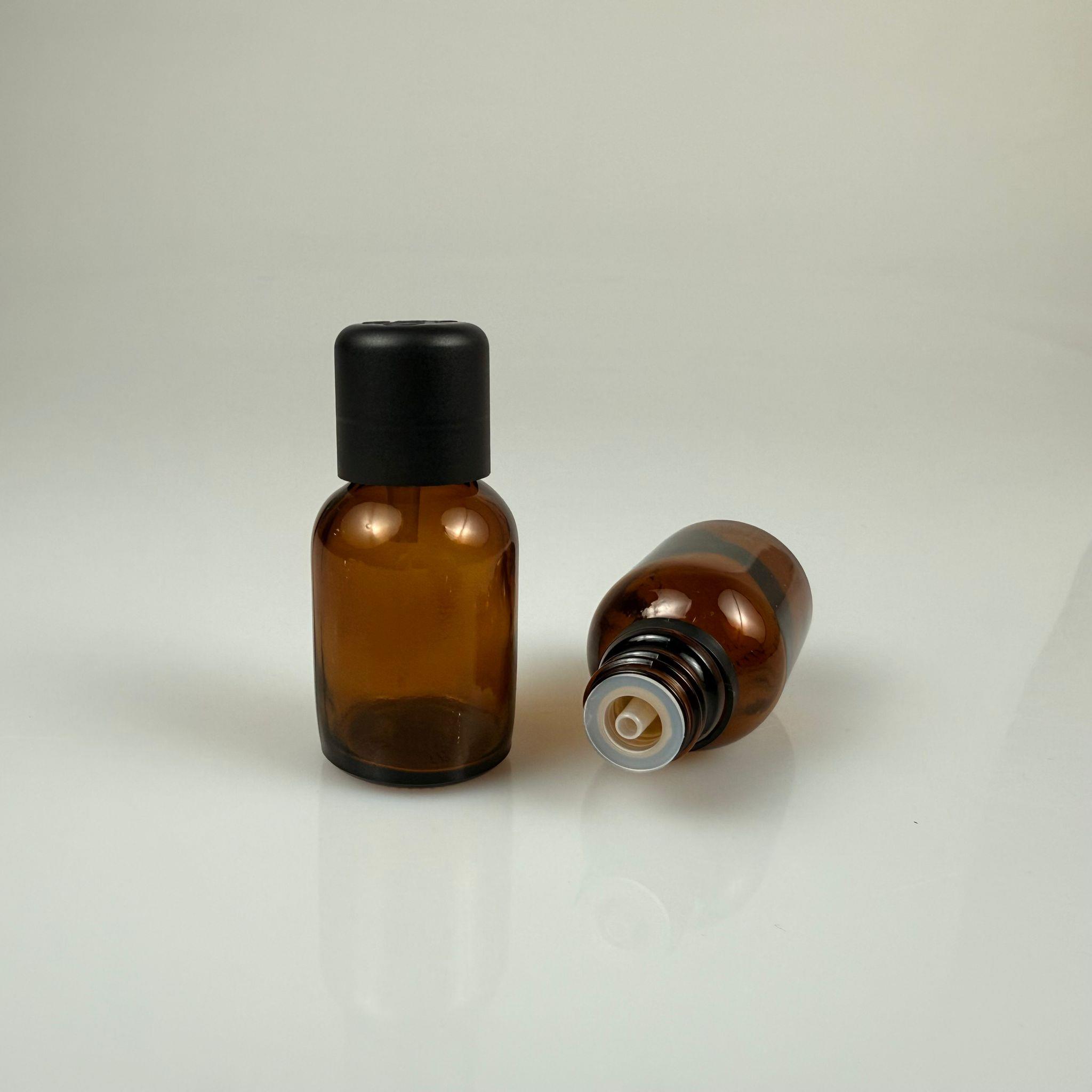 25 CC AMBER CAM ŞİŞE + İÇTEN DAMLALIKLI ÇOCUK KİLİTLİ SİYAH KAPAK - KAHVERENGİ 25 ML KİLİT KAPAKLI DAMLATMALI ŞİŞE
