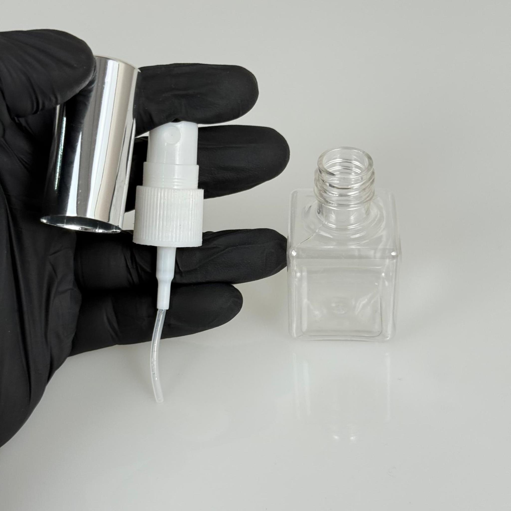 35 ML PET KOLONYA, PARFÜM VB ŞİŞELERİ - METAL ALÜMİNYUM GÜMÜŞ KAPAK + VİDALI SPREY + 35 CC KARE ŞİŞE SET TAKIM