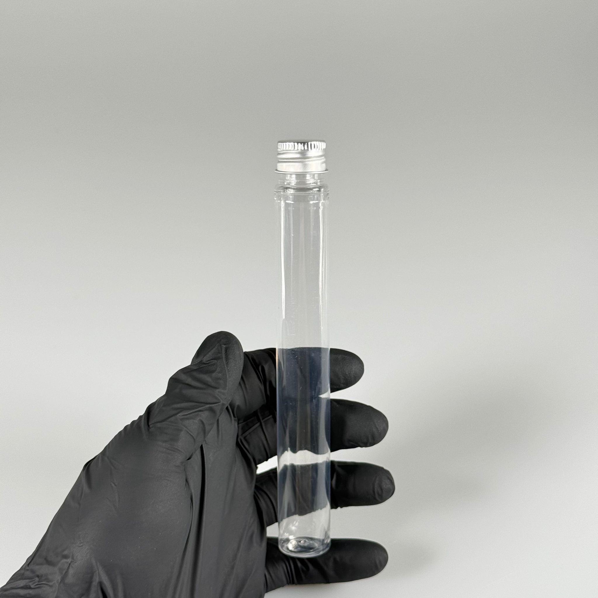 16 CM TÜP - 45 CC UZUN İNCE PET ŞİŞE - CONTALI GÜMÜŞ METAL KAPAKLI  - VANİLYA ÇUBUĞU, BAHARAT, DENEY TÜPÜ VB İÇİN PLASTİK TÜP