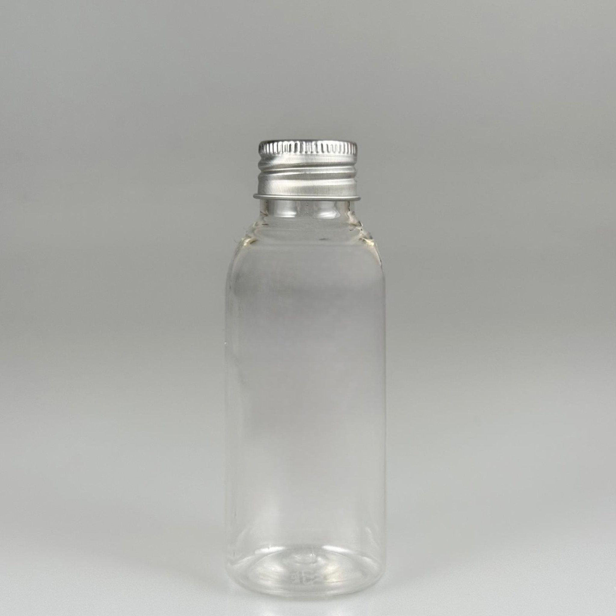 100 CC SİLİNDİR OVAL MODEL ŞEFFAF SERT PET ŞİŞE (24 AĞIZ) + KÖPÜK CONTALI GÜMÜŞ METAL ALÜMİNYUM KAPAK TAKIM - 100 ML KAPAKLI KALIN PLASTİK ŞEFFAF ŞİŞELER