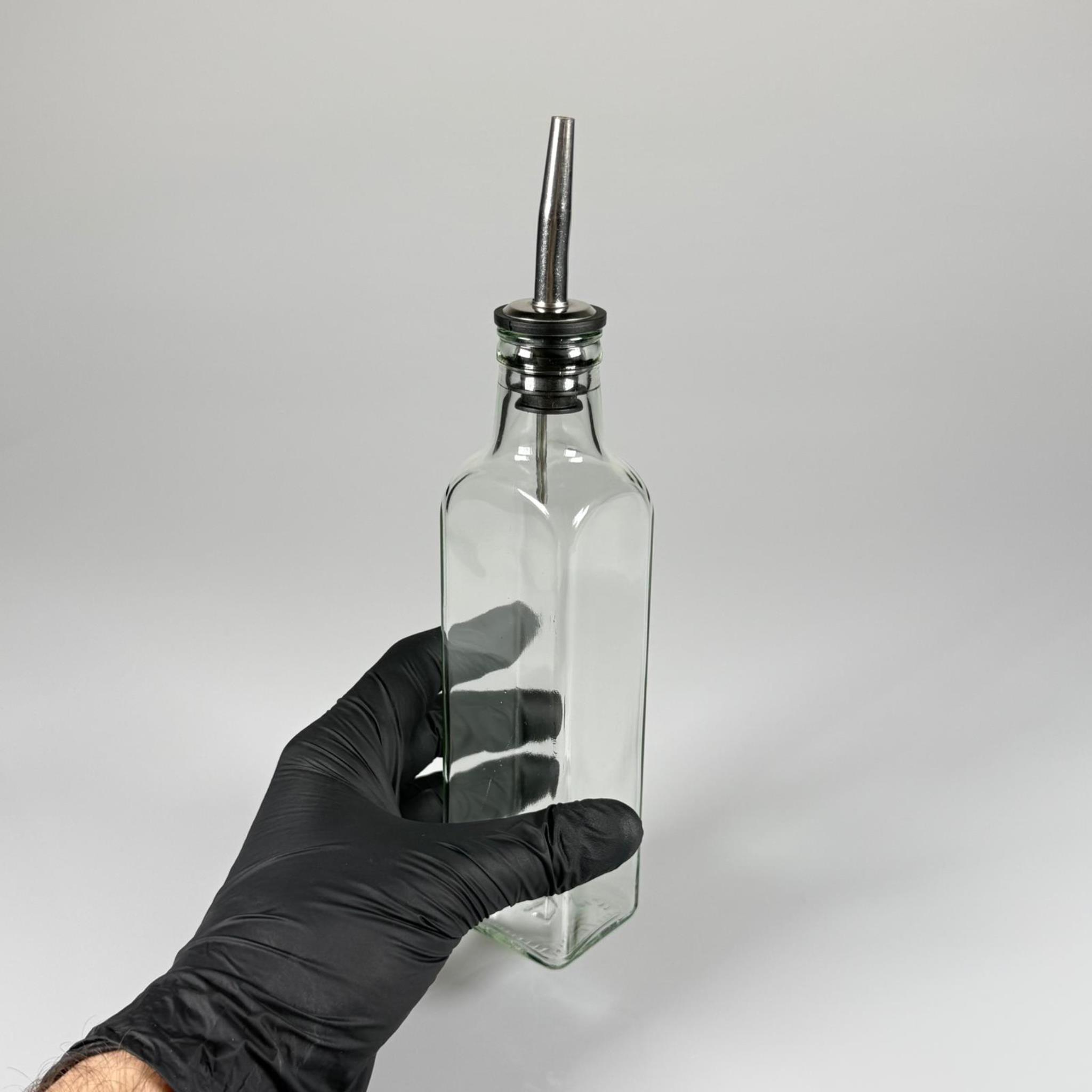 KÖŞELİ CAM YAĞLIK - 250 ML ŞEFFAF KARE CAM MARASKA ŞİŞE + ÇELİK YAĞDANLIK TIPASI TAKIM