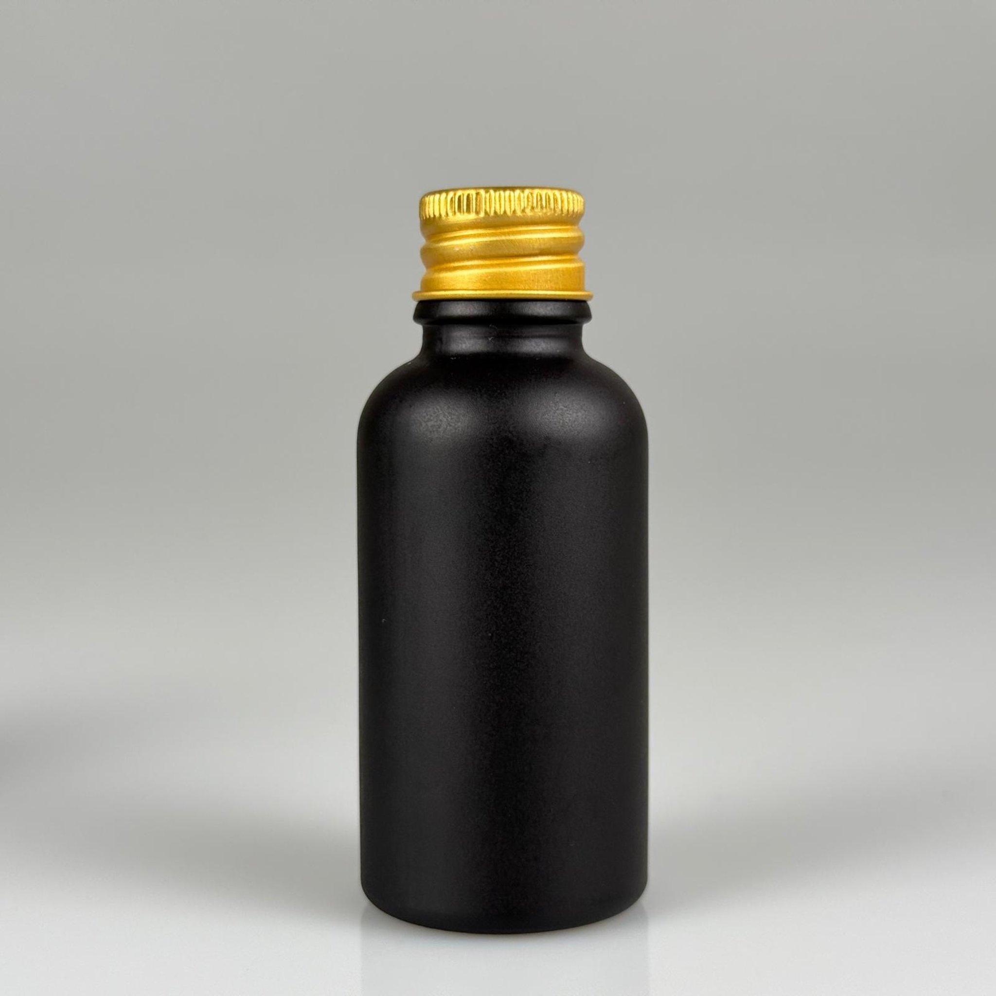30 CC MAT SİYAH BOYALI CAM ŞİŞE - METAL GOLD CONTALI KAPAKLI - 30 ML CAM ŞİŞE - MAT SİYAH RENK