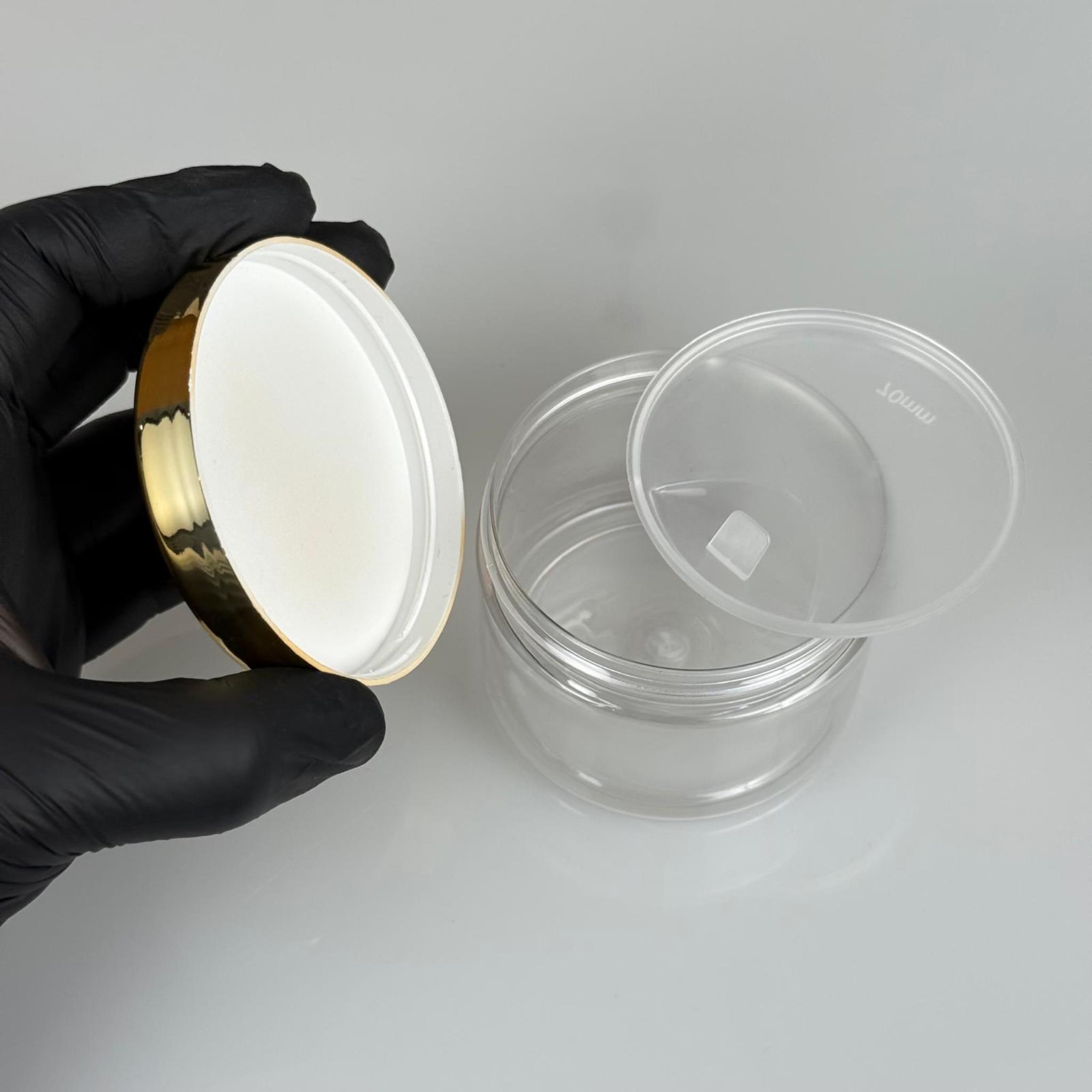 150 ML SERT PET KAVANOZ + GOLD KAPLAMALI PLASTİK KAPAK + İÇ TIPA - 150 CC KALIN ŞEFFAF PLASTİK KAVANOZ GOLD KAPLAMALI PLASTİK KAPAKLI İÇ TIPALI TAKIM - KREM KAVANOZLARI