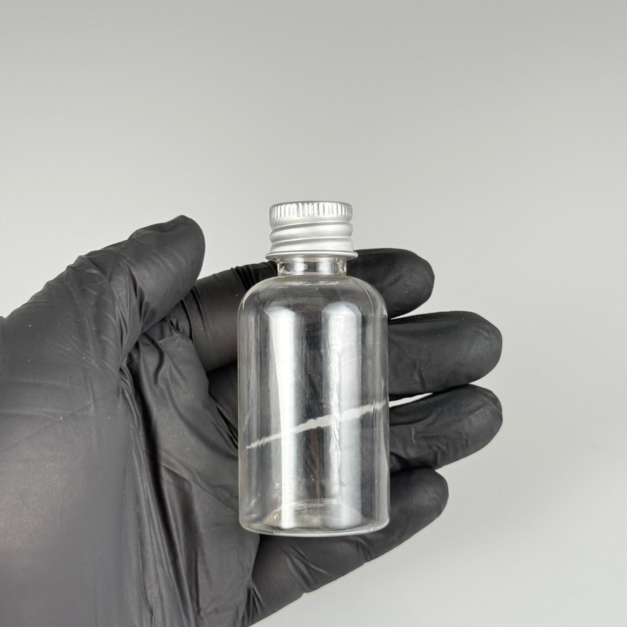 40 CC ŞEFFAF SİLİNDİR TOMBUL PET ŞİŞE + KÖPÜK CONTALI GÜMÜŞ ALÜMİNYUM METAL KAPAKLI TAKIM - 40 ML PLASTİK ŞİŞE
