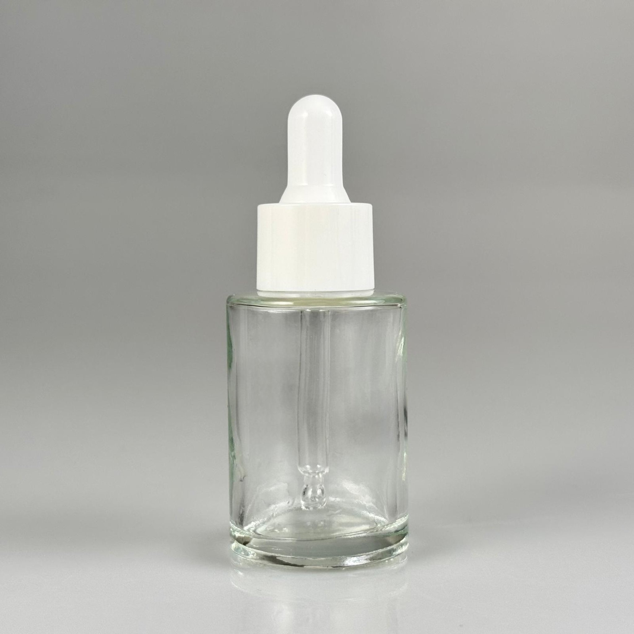 30 CC OMUZLU ŞEFFAF CAM ŞİŞE + BEYAZ CAM DAMLALIKLI TAKIM - 30 ML KÜT BOYUNLU CAM SERUM ŞİŞESİ