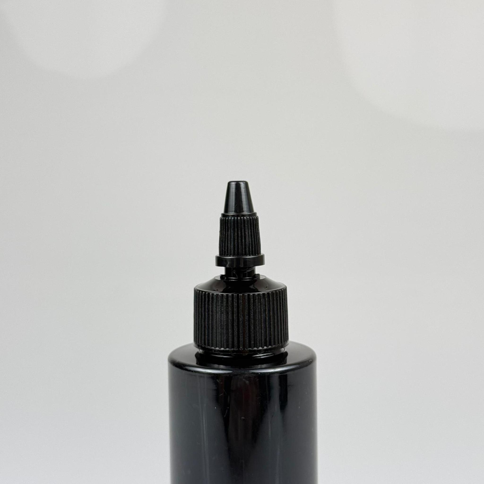 YAĞ, SOS, ACI SOS, SİRKE, SRIRACHA, MÜREKKEP, TUTKAL AKITICI VB BOŞ ŞİŞELERİ - SİYAH SİVRİ TWİST AKITICI KAPAK + 150 ML SİYAH SERT PET PLASTİK ŞİŞE TAKIM