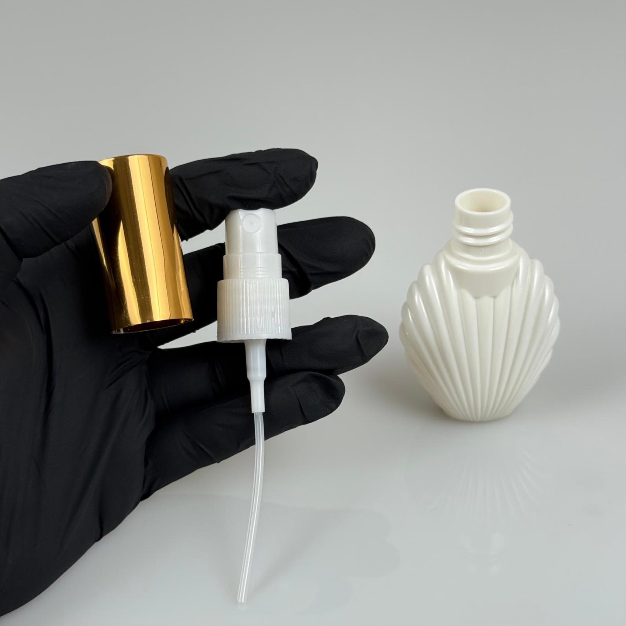 40 ML PET KOLONYA, PARFÜM VB ŞİŞELERİ - METAL ALÜMİNYUM GOLD KAPAK + VİDALI SPREY + 40 CC İSTİRİDYE BEYAZ ŞİŞE SET TAKIM