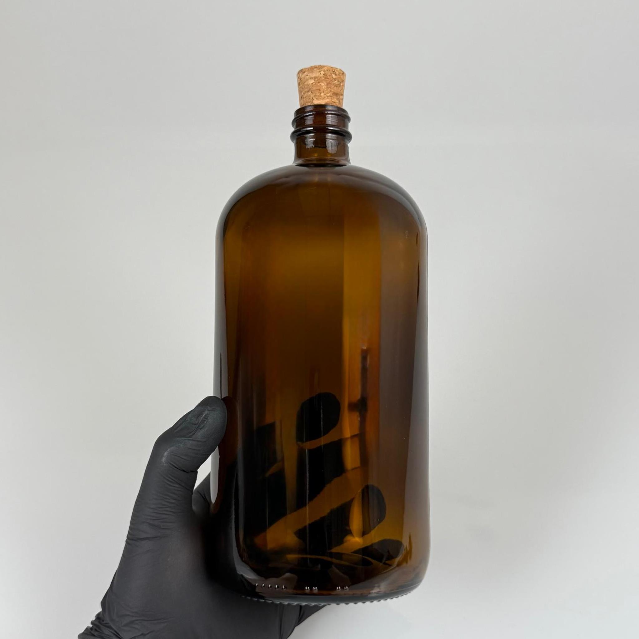 1 LT MANTAR TIPALI CAM ŞİŞE - 1000 CC AMBER KAHVERENGİ CAM ŞİŞE + DOĞAL MANTAR TIPA
