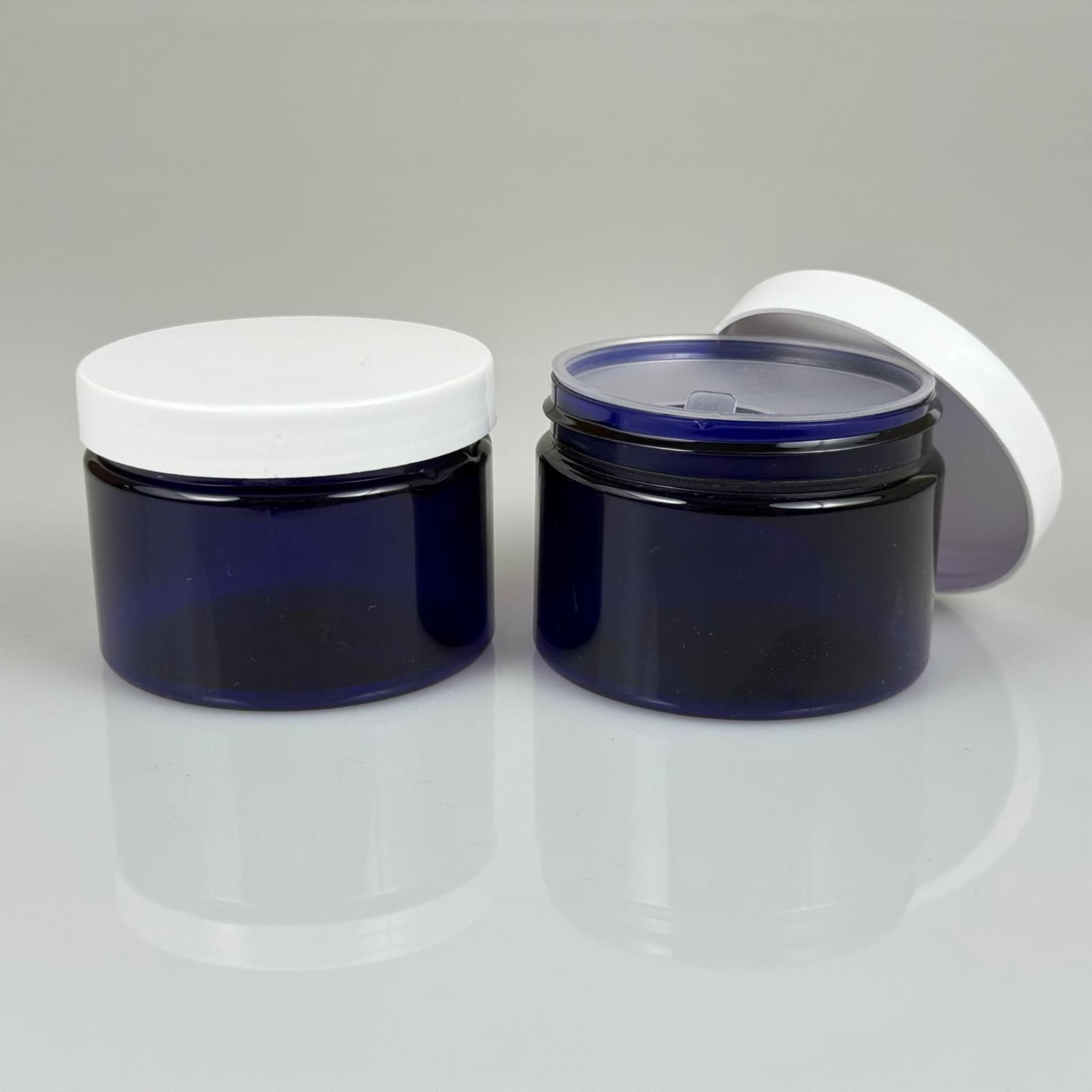 150 ML SERT PET KAVANOZ + BEYAZ PLASTİK KAPAK + İÇ TIPA - 150 CC KALIN MAVİ PLASTİK KAVANOZ BEYAZ PLASTİK KAPAKLI İÇ TIPALI TAKIM - KREM KAVANOZLARI