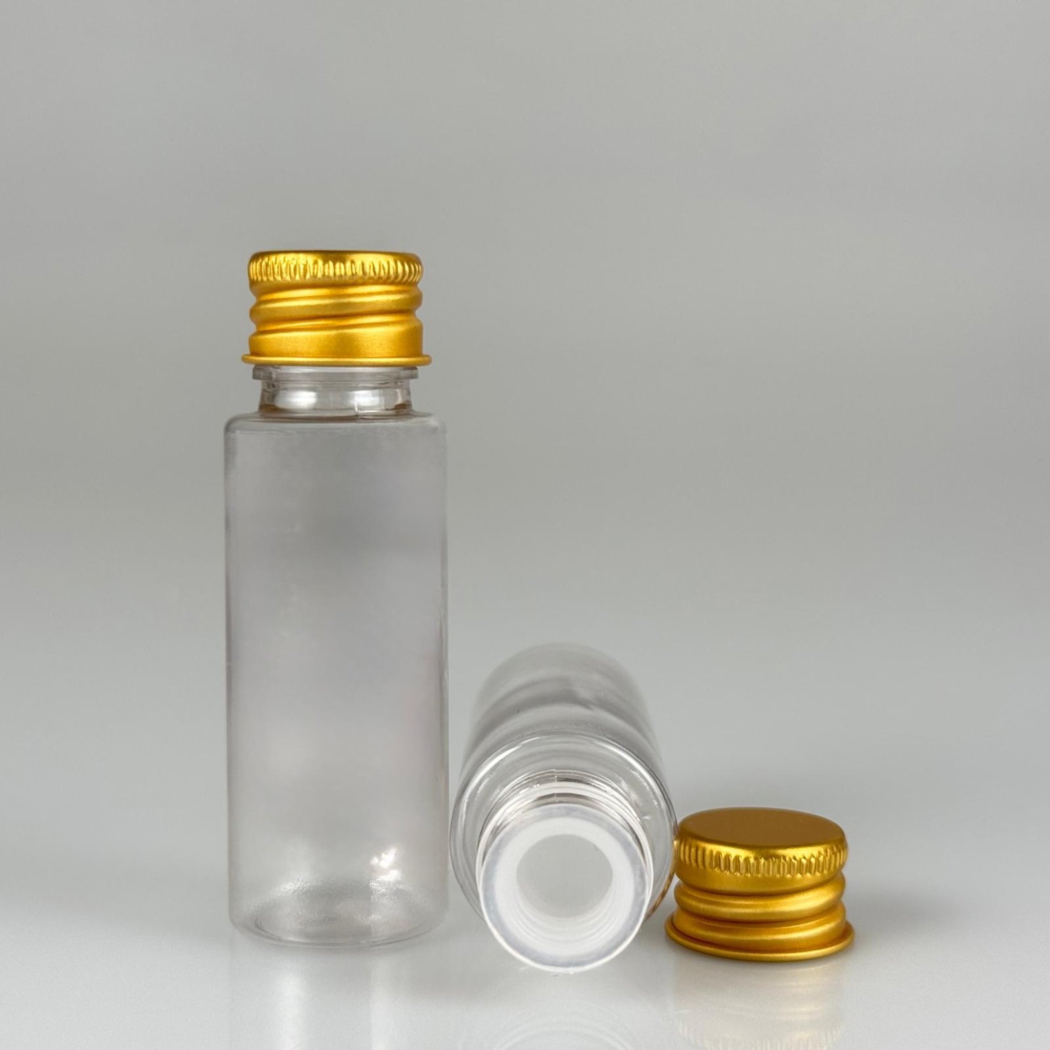 20 CC ŞEFFAF PET SHOT ŞİŞE - KÖPÜK CONTALI GOLD ALÜMİNYUM METAL KAPAKLI + KÖR TIPALI TAKIM - 20 ML PLASTİK ŞİŞE