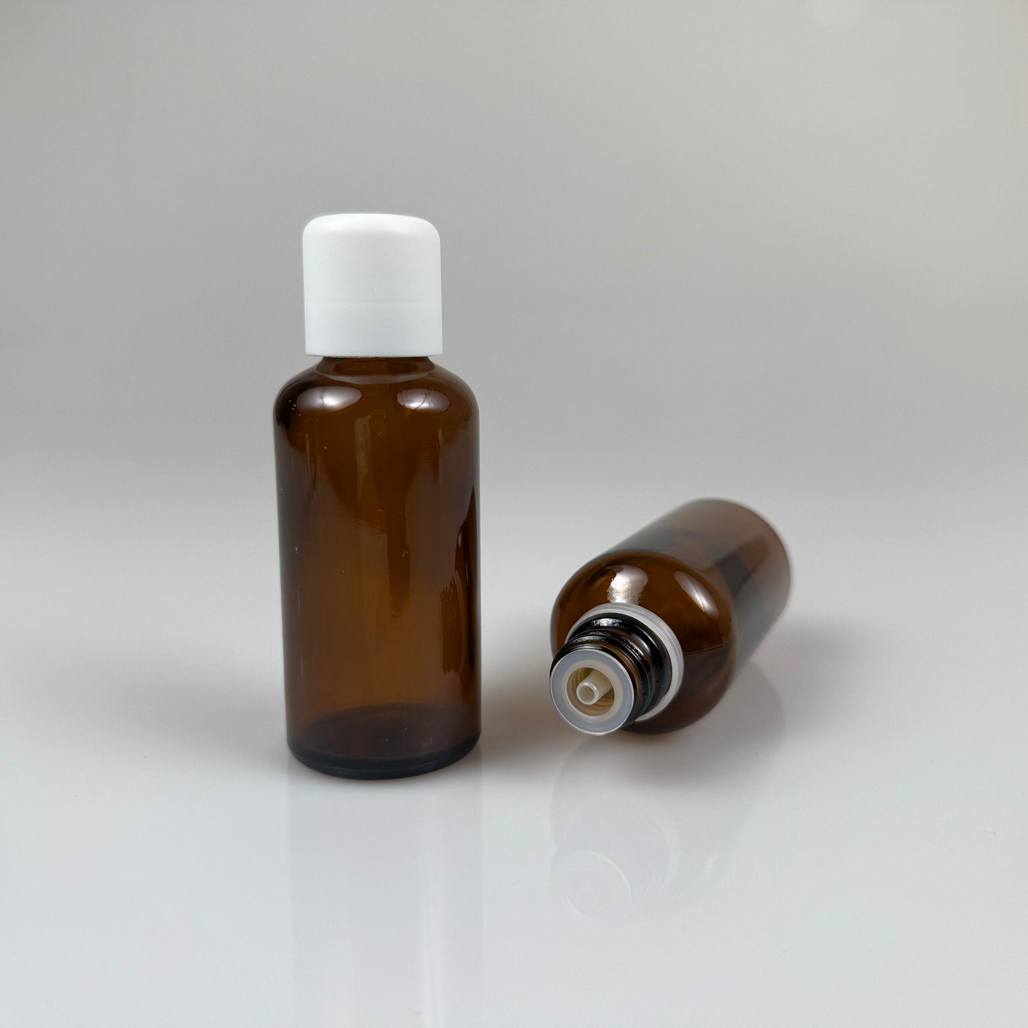 50 CC AMBER CAM ŞİŞE + İÇTEN DAMLALIKLI ÇOCUK KİLİTLİ BEYAZ KAPAK - KAHVERENGİ 50 ML KİLİT KAPAKLI DAMLATMALI ŞİŞE