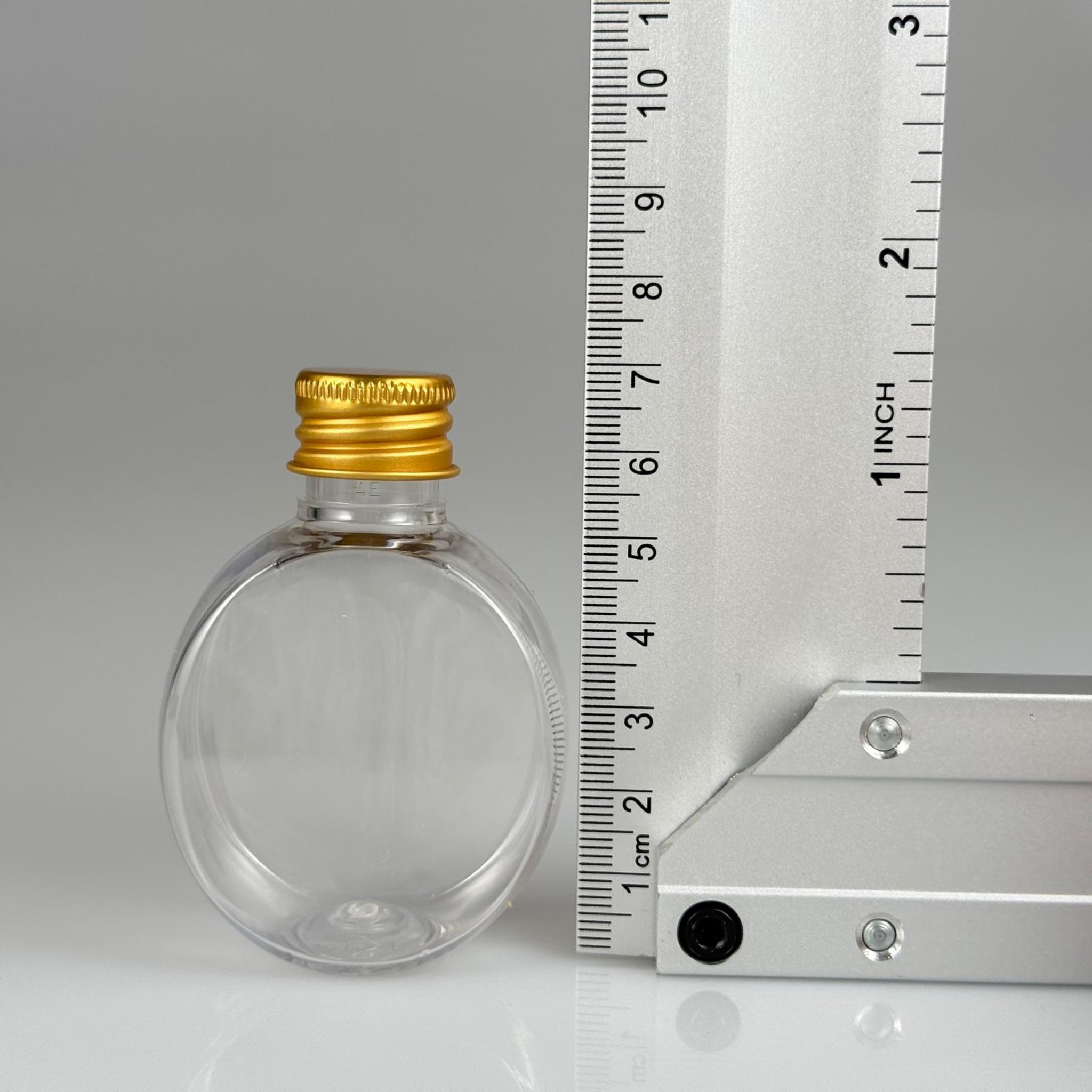 40 CC YUVARLAK TOP PET ŞİŞE - KÖPÜK CONTALI GOLD ALÜMİNYUM METAL KAPAKLI TAKIM - 40 ML ŞEFFAF PET ŞİŞE