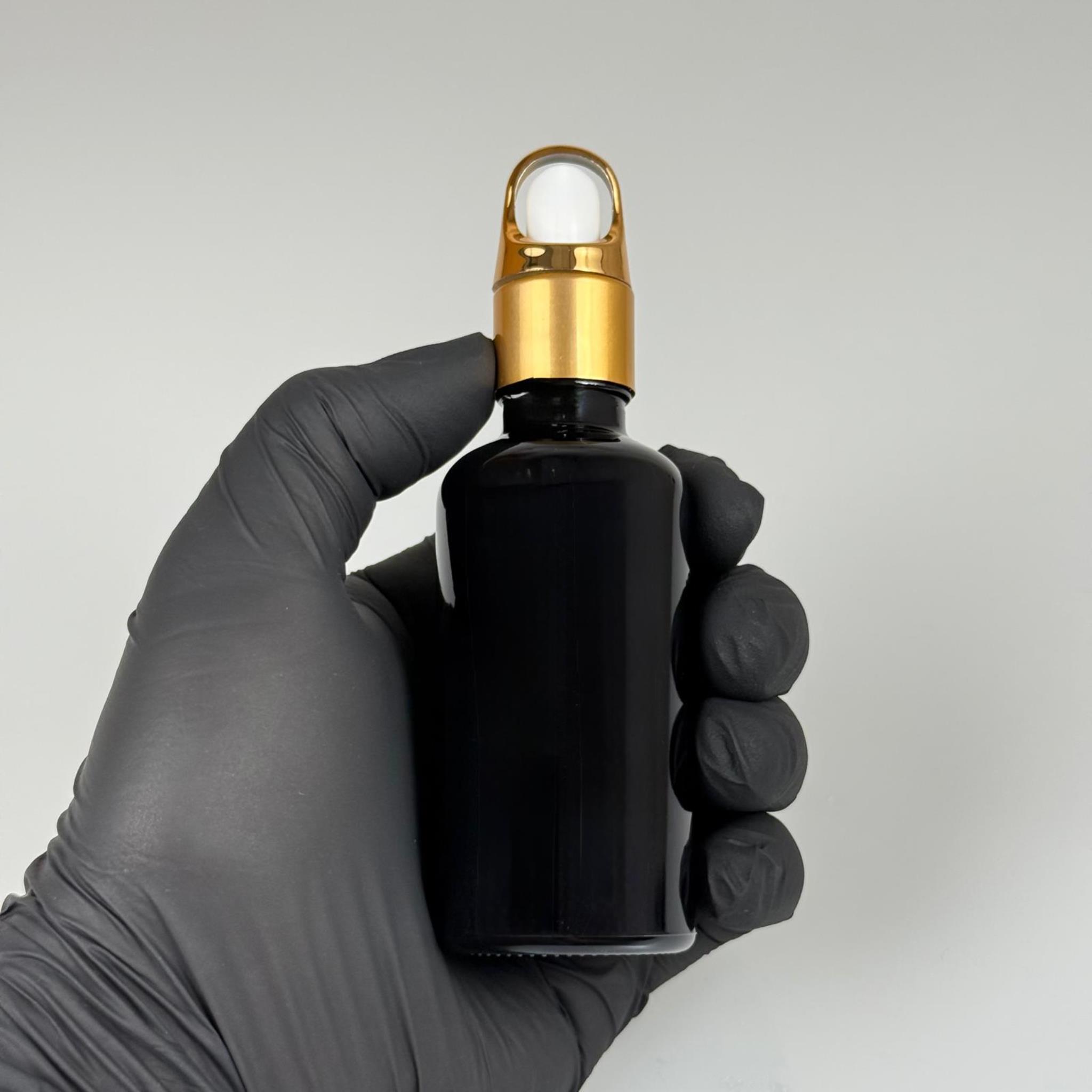 50 CC SİYAH CAM DAMLALIKLI ŞİŞE - BEYAZ EMZİK - GOLD FLOWER SEPET MODEL METALİK KAPAK - 50 ML CAM DAMLALIKLI ŞİŞE