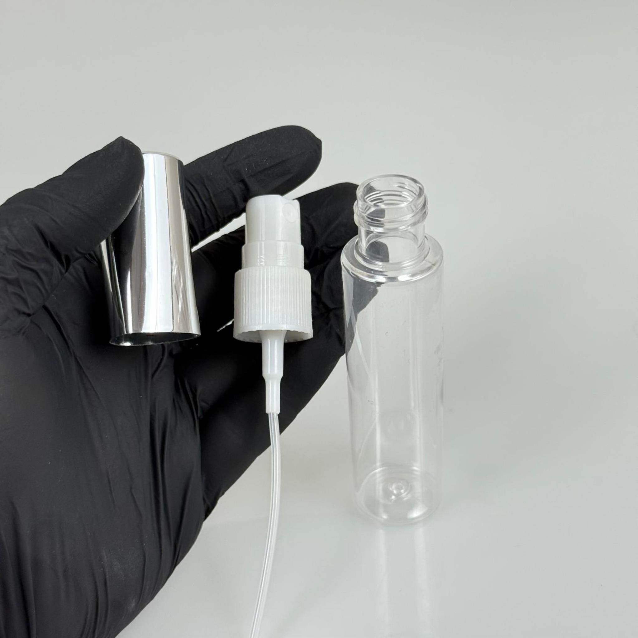35 ML PET KOLONYA, PARFÜM VB ŞİŞELERİ - METAL ALÜMİNYUM GÜMÜŞ KAPAK + VİDALI SPREY + 35 CC ŞİŞE SET TAKIM