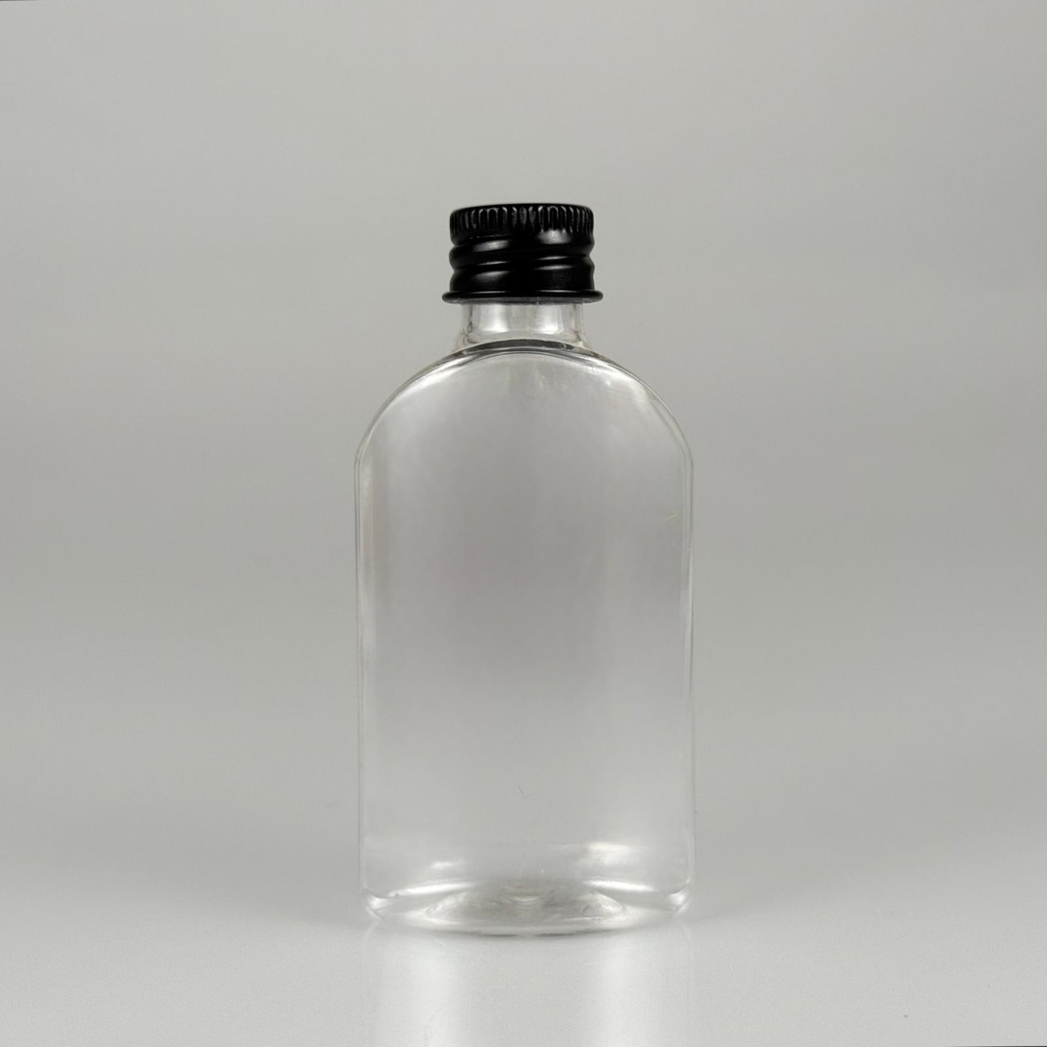 50 CC ŞEFFAF YASSI OVAL MODEL PET ŞİŞE + KÖPÜK CONTALI SİYAH ALÜMİNYUM METAL KAPAKLI TAKIM - 50 ML PLASTİK ŞİŞE