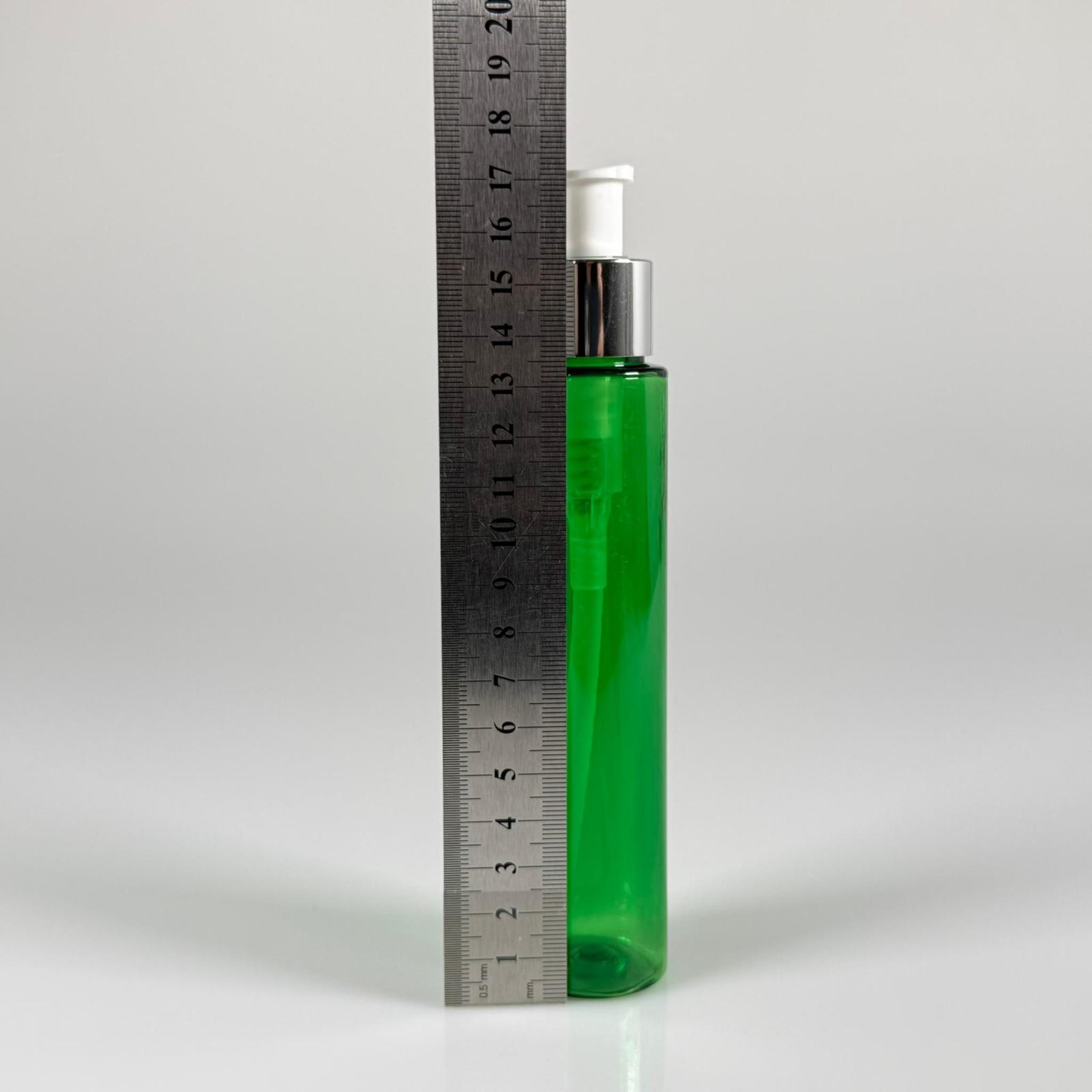 100 CC UZUN SİLİNDİR YEŞİL PET ŞİŞE (24 GR)  - GÜMÜŞ SABUN POMPALI - 100 ML BİBERİYE SUYU, LAVANTA YAĞI, SAÇ SERUM, TONİK VB İÇİN PLASTİK KOZMETİK AMBALAJLARI