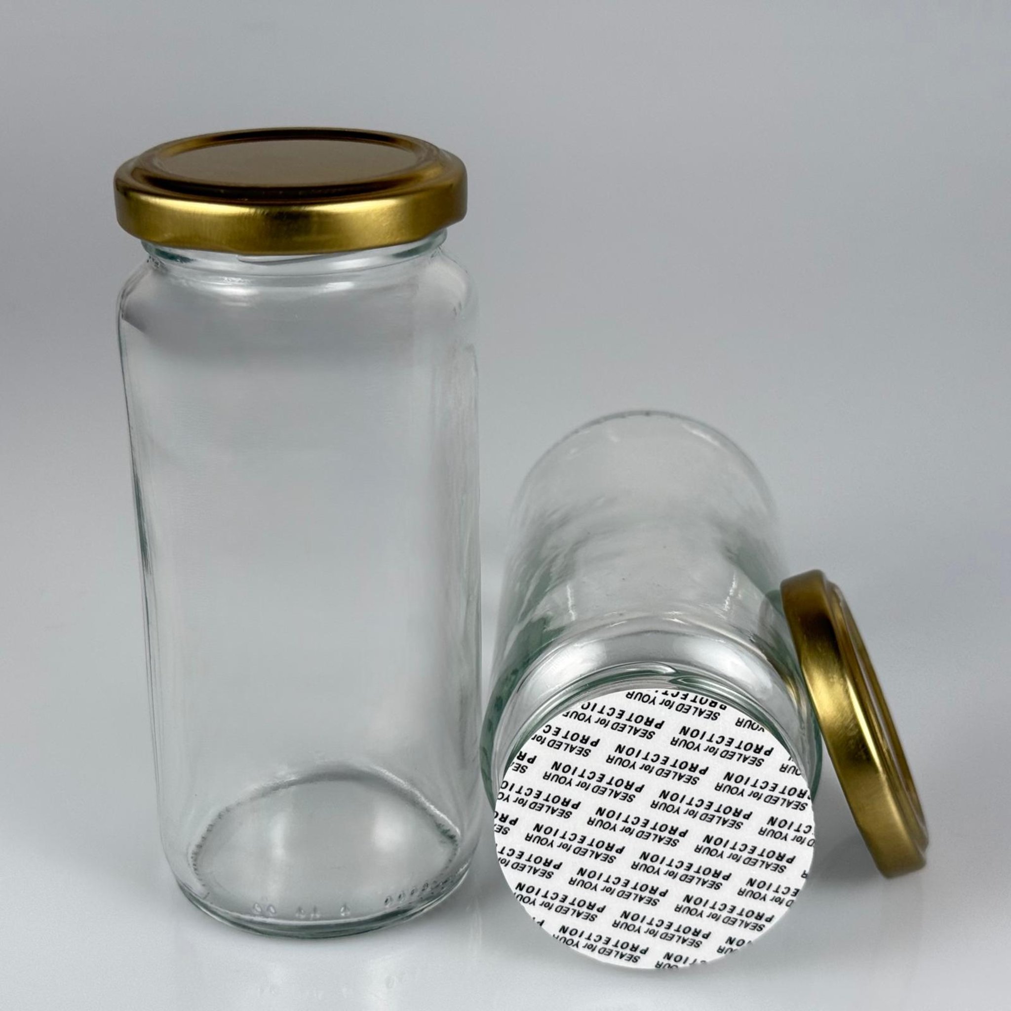 244 CC UZUN KAVANOZ + GOLD METAL KAPAKLI + KENDİNDEN YAPIŞKANLI KÖPÜK CONTALI TAKIM - 244 ML CAM KAVANOZ