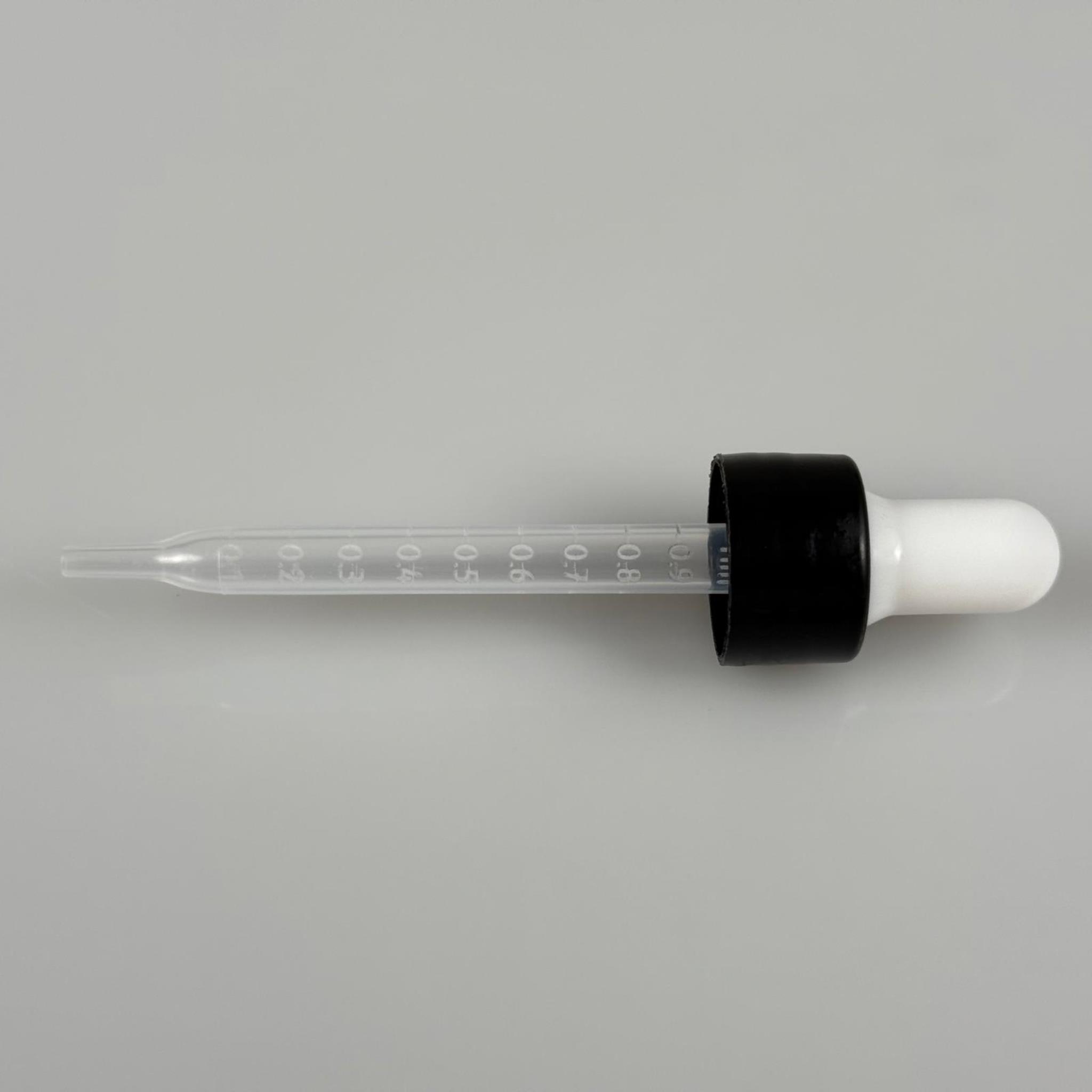18 MM PLASTİK DAMLALIKLI TAKIM - BEYAZ EMZİK + DELİKLİ PLASTİK DÜZ SİYAH KAPAK + 77 MM PLASTİK PİPET