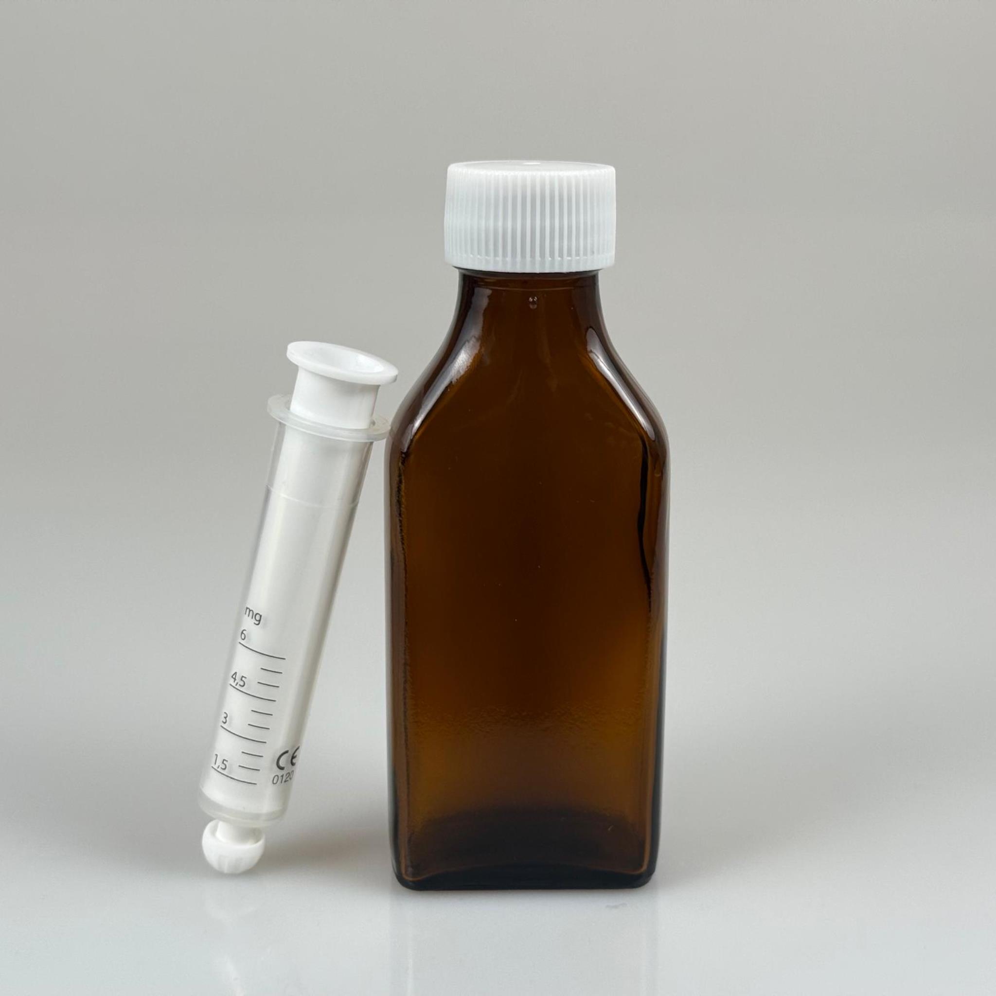 100 ML YASSI CAM ECZA ŞİŞESİ + 6 ML DOZAJ PİPETİ + DOZAJ TIPASI + CONTALI PLASTİK KAPAK TAKIM