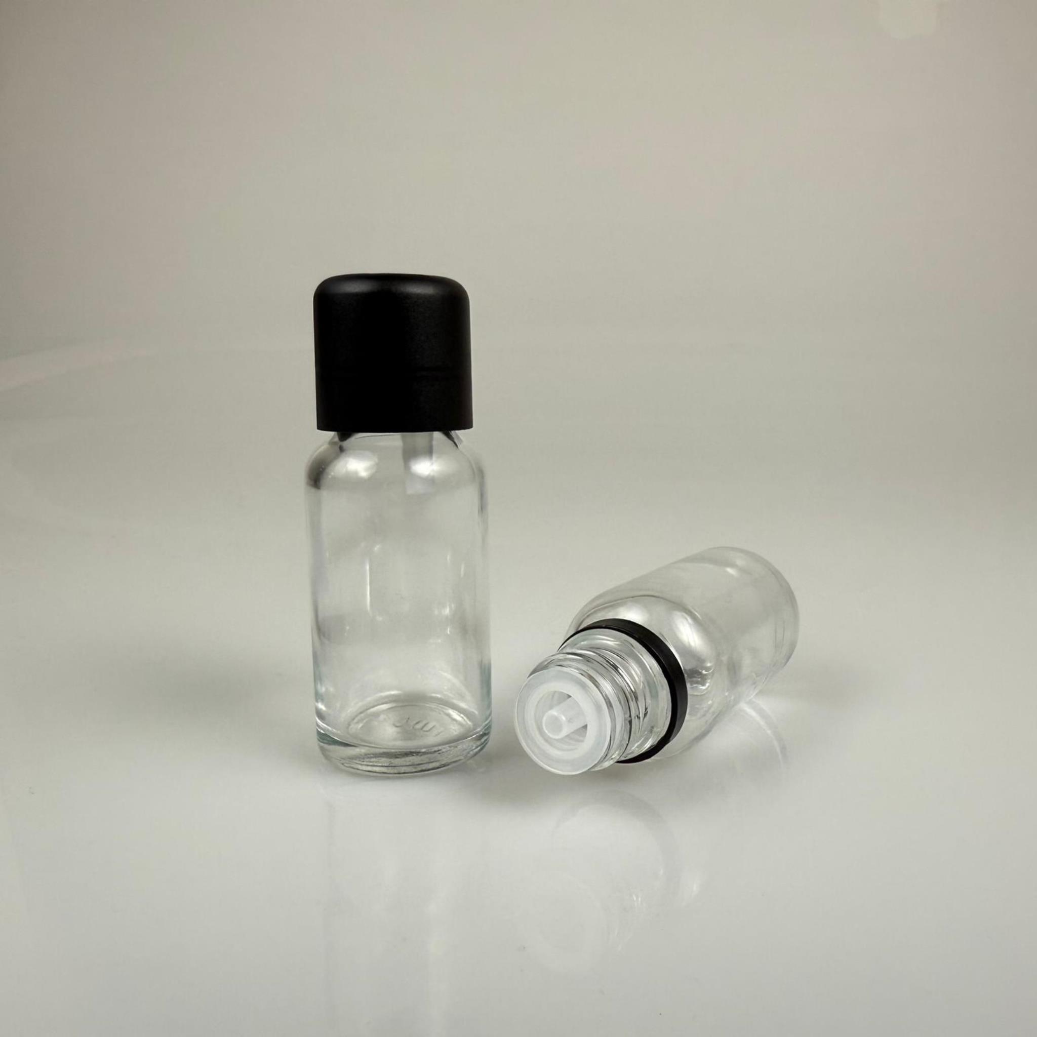 20 CC ŞEFFAF CAM ŞİŞE + İÇTEN DAMLALIKLI ÇOCUK KİLİTLİ SİYAH KAPAK - SAYDAM 20 ML KİLİT KAPAKLI DAMLATMALI ŞİŞE