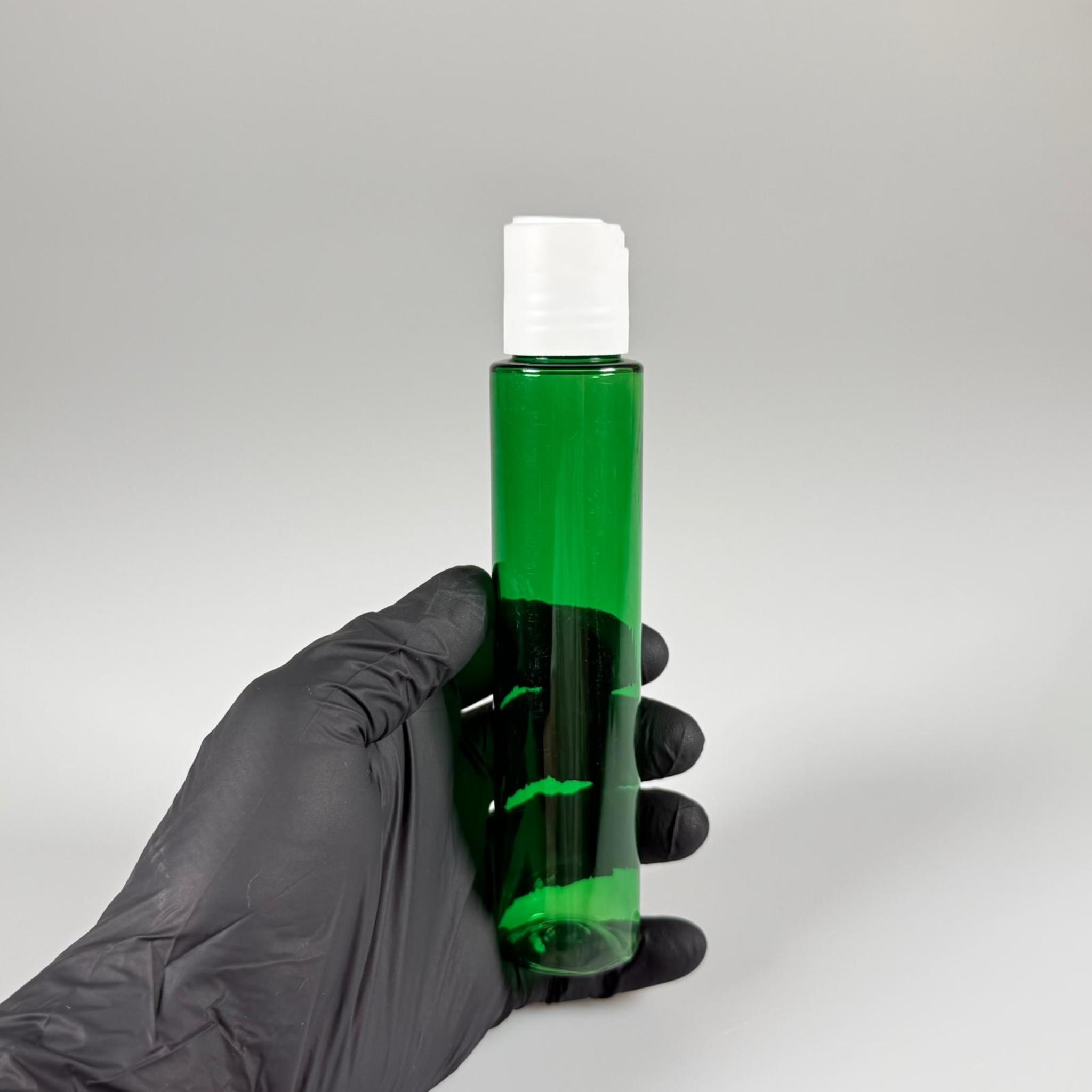 100 CC UZUN SİLİNDİR YEŞİL PET ŞİŞE (24 GR) - BEYAZ DİSKTOP AKITICI ŞAMPUAN KAPAKLI - 100 ML BİBERİYE SUYU, LAVANTA YAĞI, SAÇ SERUM, TONİK VB İÇİN PLASTİK KOZMETİK AMBALAJLARI