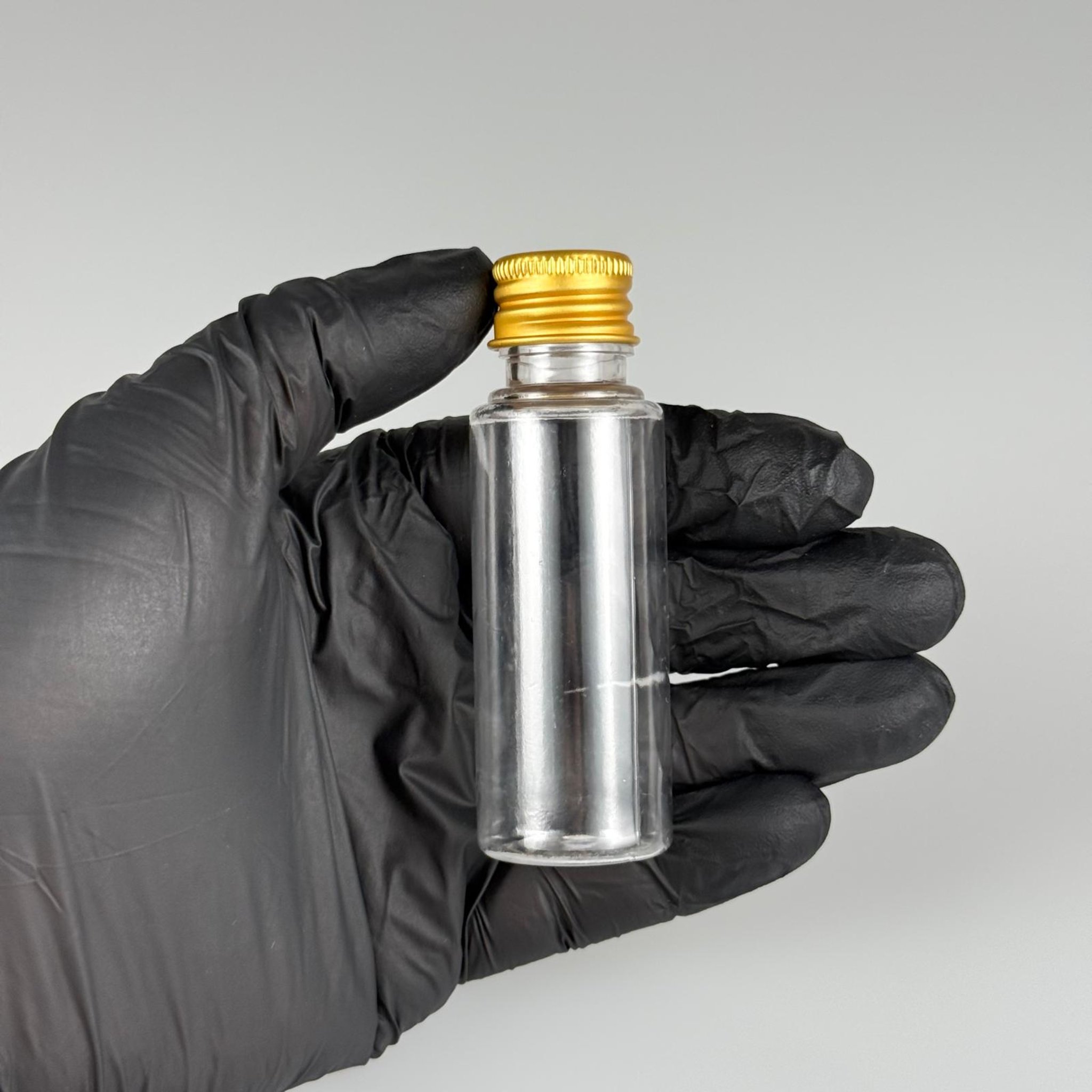 30 CC ŞEFFAF  PET SHOT ŞİŞE - KÖPÜK CONTALI GOLD ALÜMİNYUM METAL KAPAKLI + DAMLALIKLI KOLONYA TIPALI TAKIM - 30 ML PLASTİK ŞİŞE
