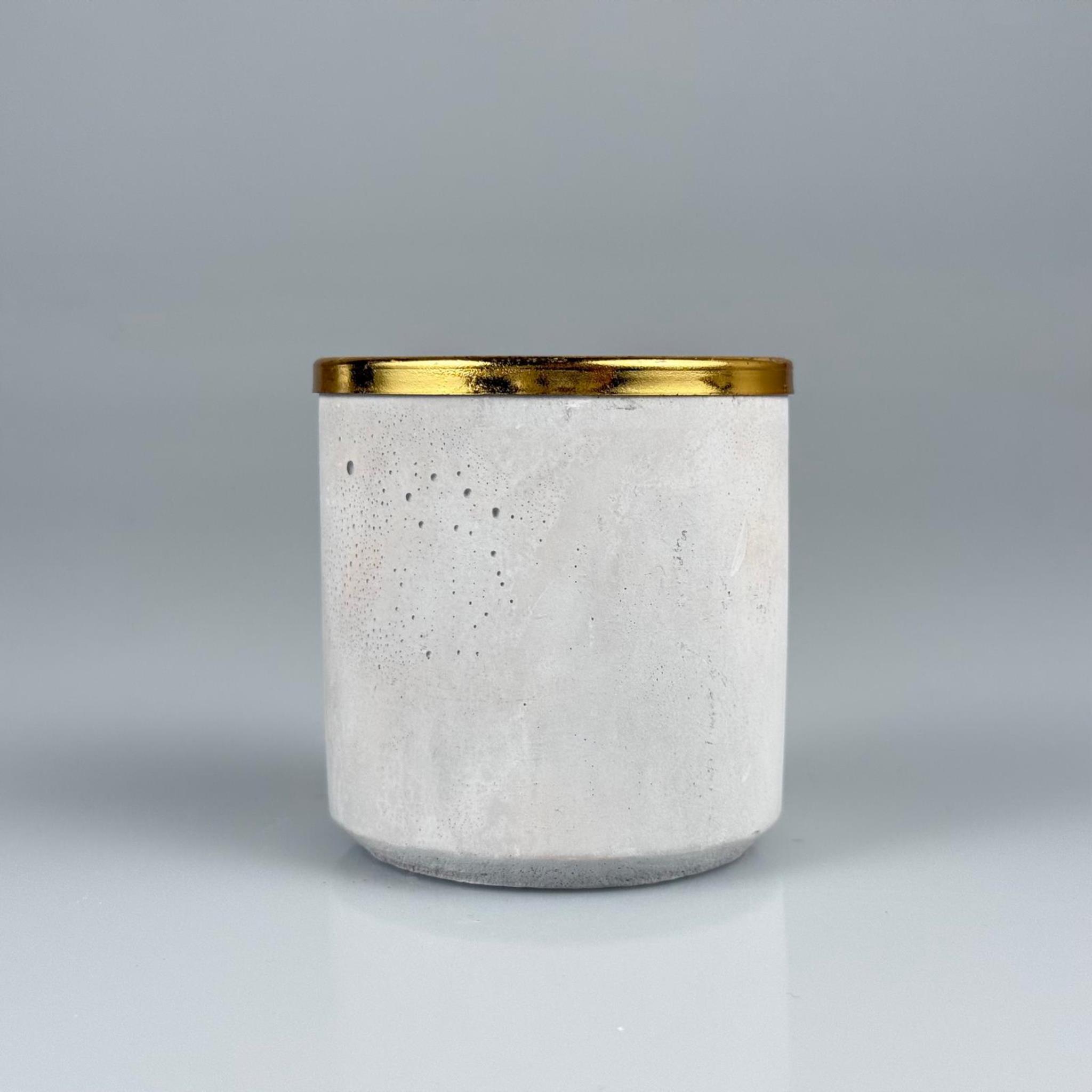 BETON MUMLUK - 100 CC - TAŞ BETONDAN MUM BARDAK - DEKORATİF MUM BARDAĞI, MİNİ SAKSI + DELİKLİ GOLD METAL KAPAK ALTIGEN DESENLİ