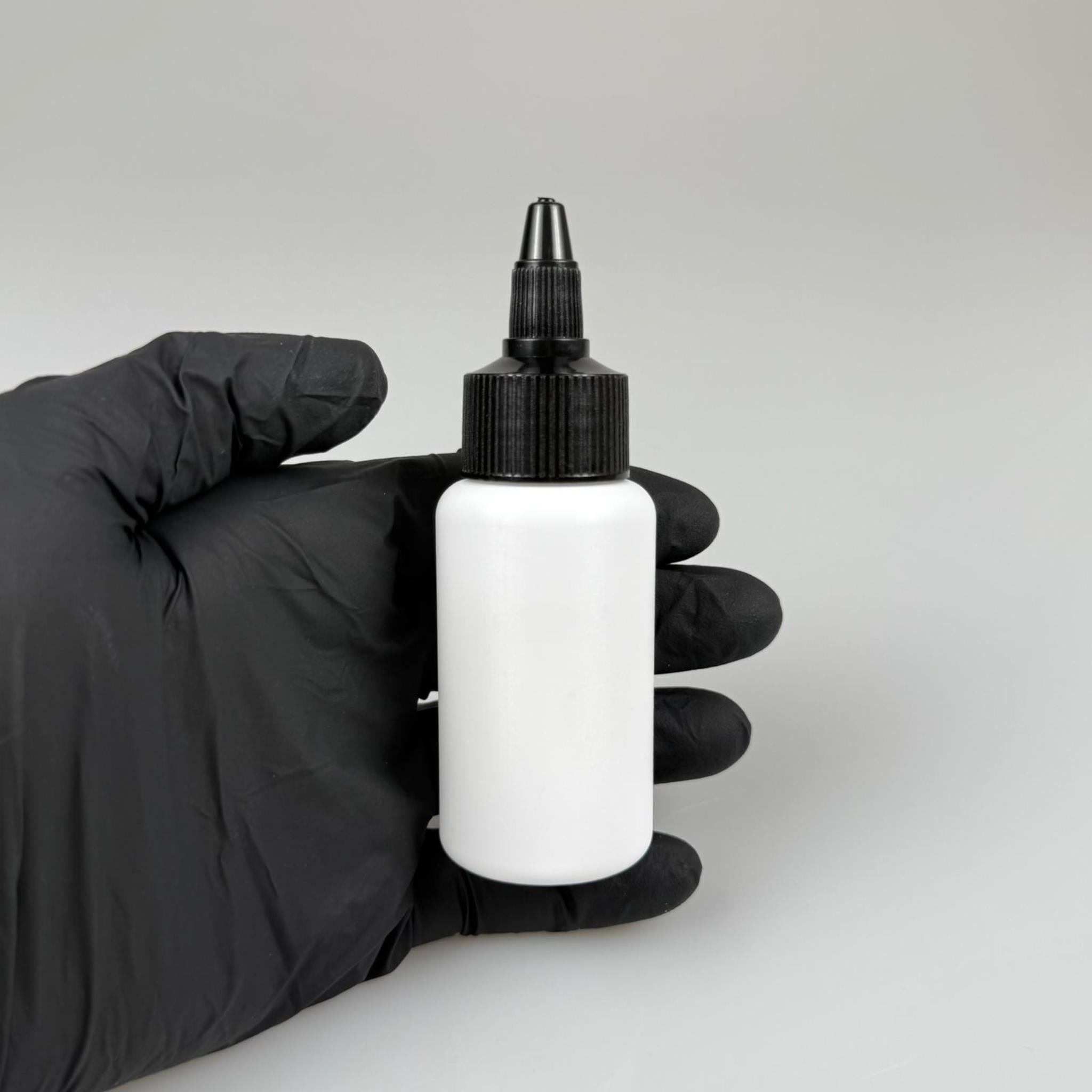 YAĞ, SOS, ACI SOS, SİRKE, SRIRACHA, MÜREKKEP, TUTKAL AKITICI VB BOŞ ŞİŞELERİ - SİYAH SİVRİ TWİST AKITICI KAPAK + 50 ML BEYAZ POLİETİLEN PLASTİK ŞİŞE TAKIM