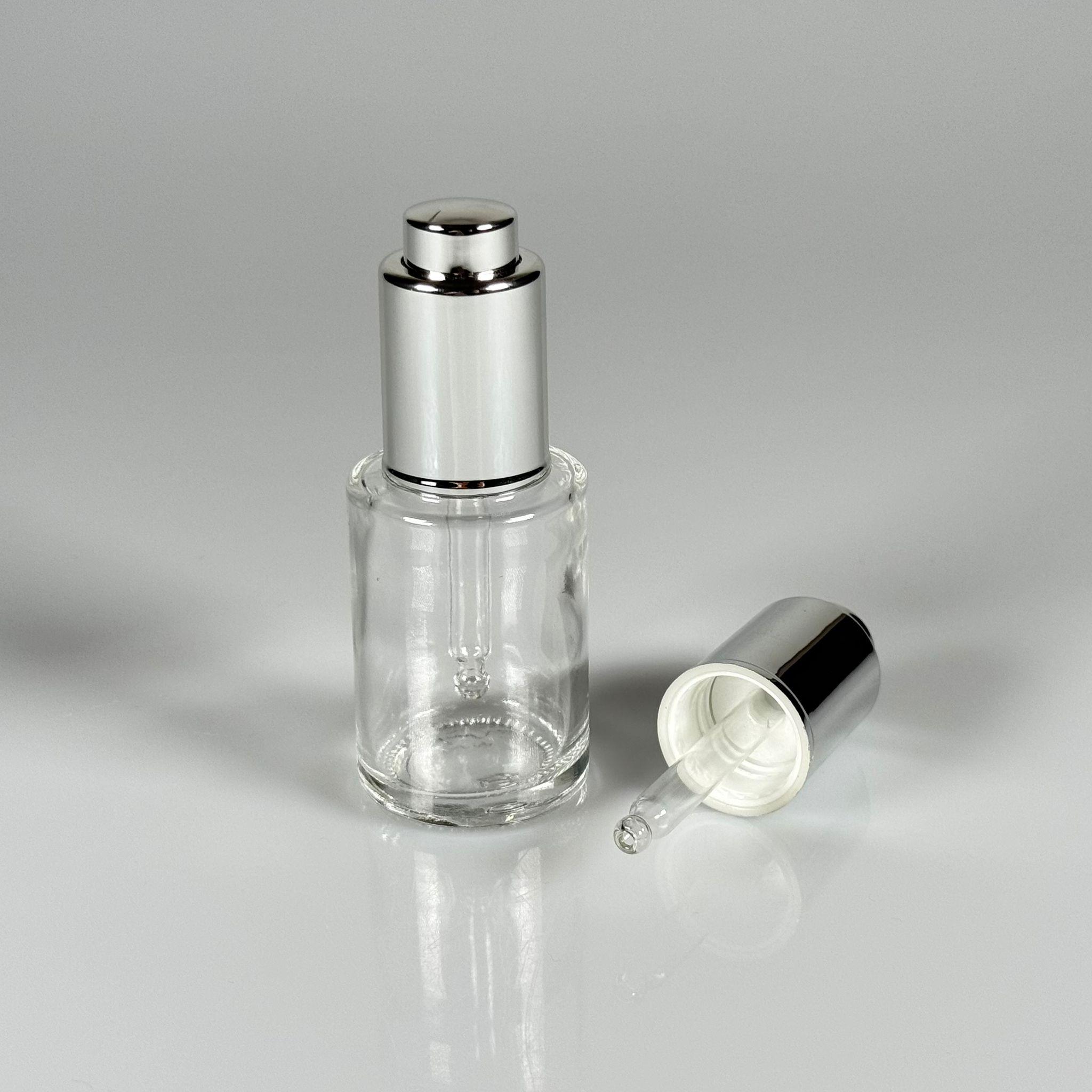 30 CC OMUZLU ŞEFFAF CAM ŞİŞE - LÜX GÜMÜŞ BASMALI CAM DAMLALIKLI TAKIM (DAMLALIĞIN İÇİNDE SIZDIRMAZ CONTA MEVCUTTUR) - 30 ML KÜT BOYUNLU CAM SERUM ŞİŞESİ