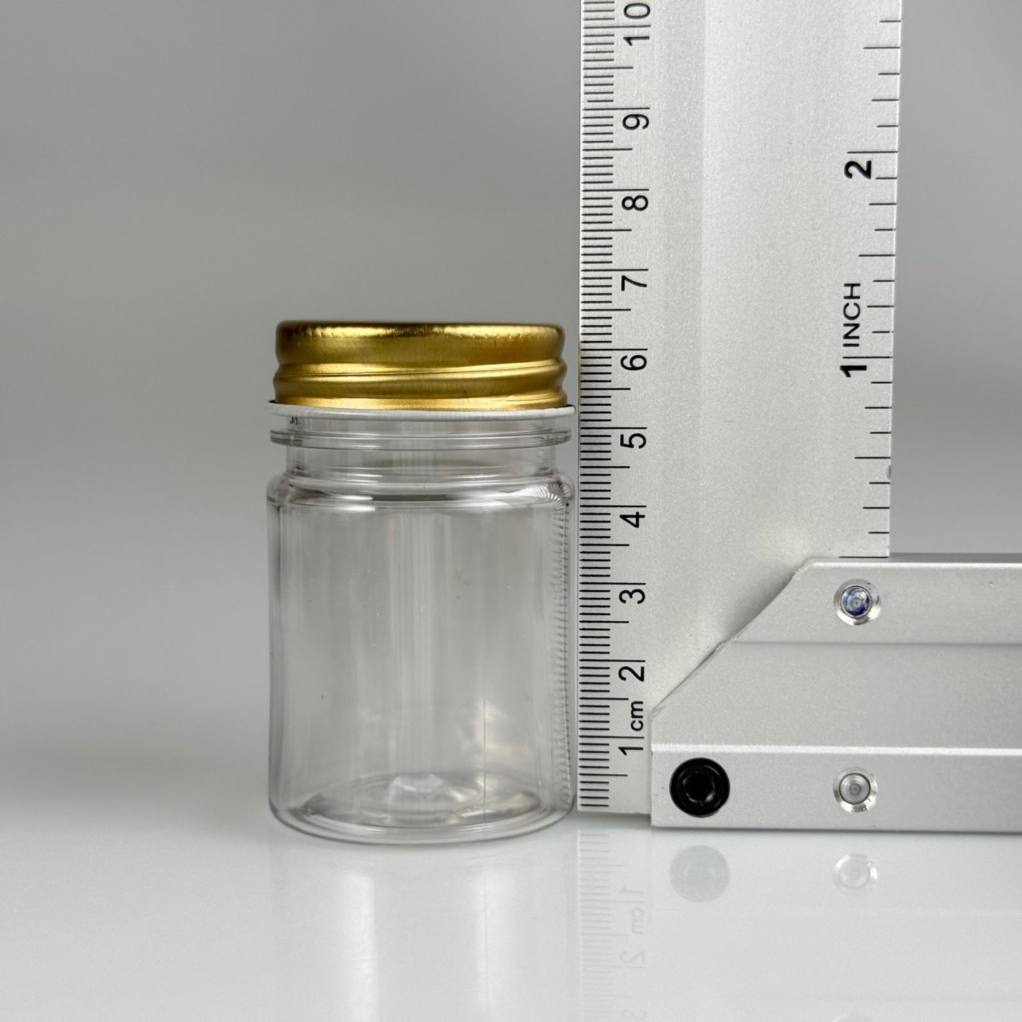 50 CC PET ŞİŞE GENİŞ AĞIZLI  - GOLD METAL KAPAKLI + KÖPÜK CONTALI TAKIM - 50 ML PLASTİK NUMUNE KAVANOZU, MİNİ TABLET KAVANOZU