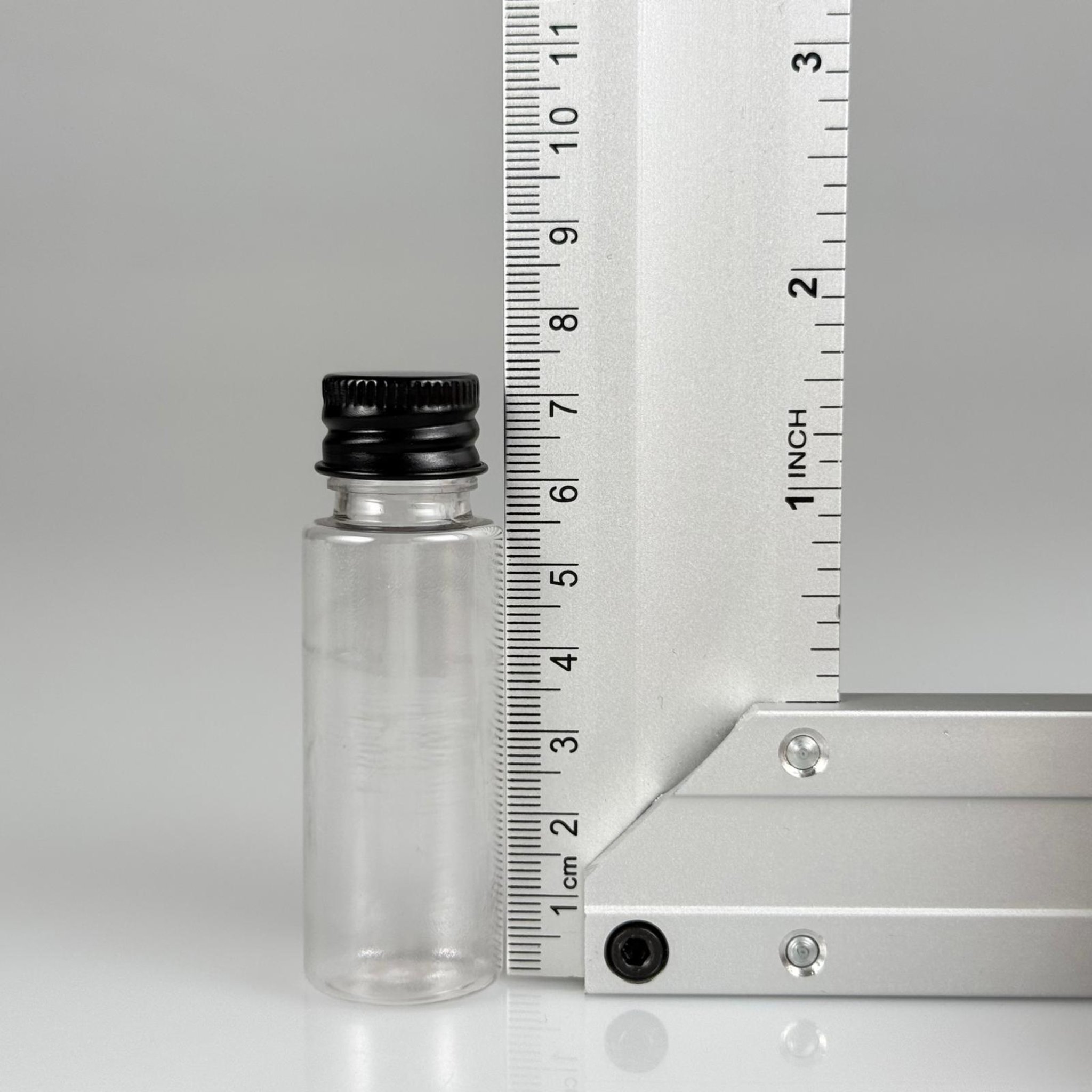20 CC ŞEFFAF PET SHOT ŞİŞE - KÖPÜK CONTALI SİYAH ALÜMİNYUM METAL KAPAKLI + DAMLALIKLI KOLONYA TIPALI TAKIM - 20 ML PLASTİK ŞİŞE