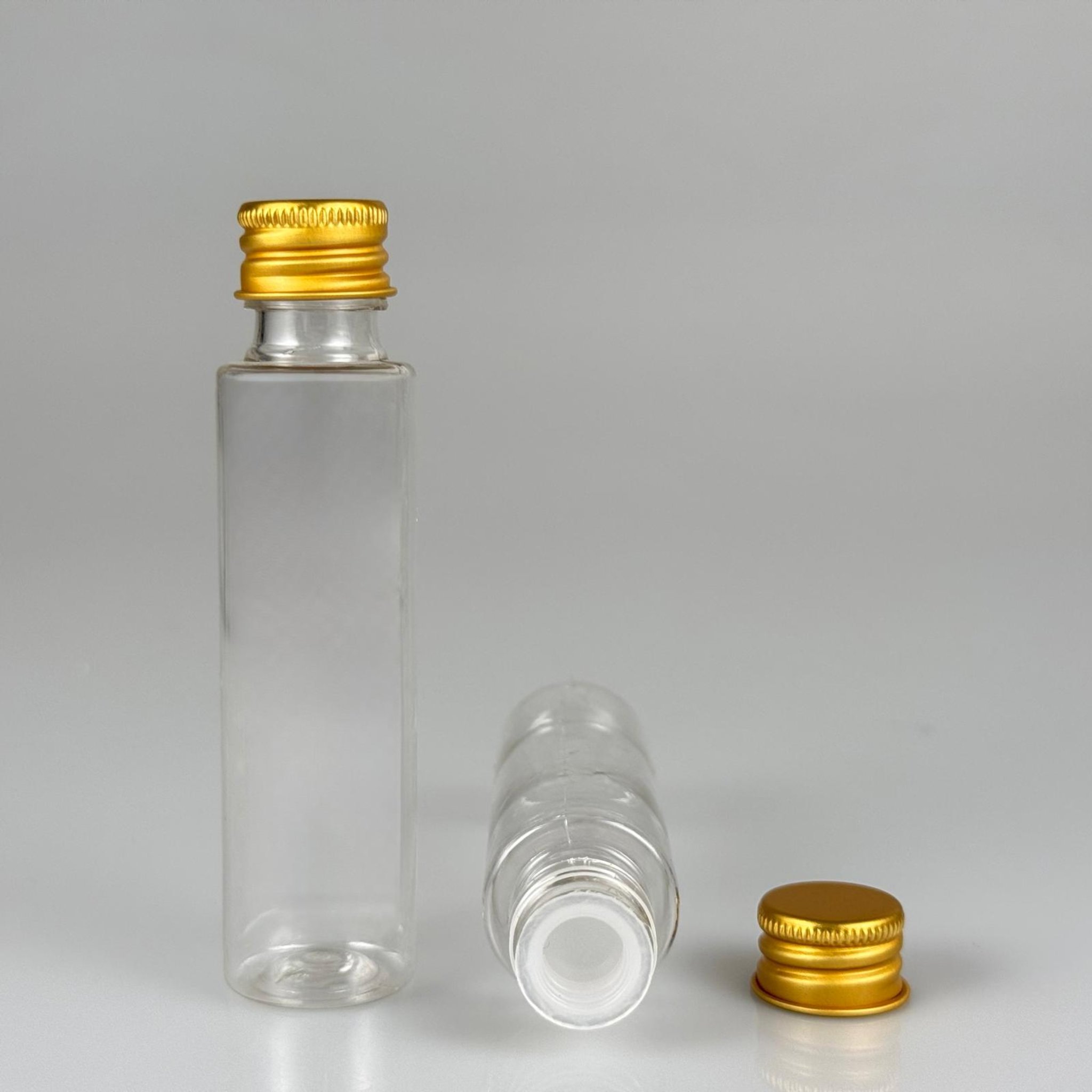 35 CC PET ŞİŞE - KÖPÜK CONTALI GOLD ALÜMİNYUM METAL KAPAKLI + KÖR TIPALI TAKIM - 35 ML ŞEFFAF PET ŞİŞE