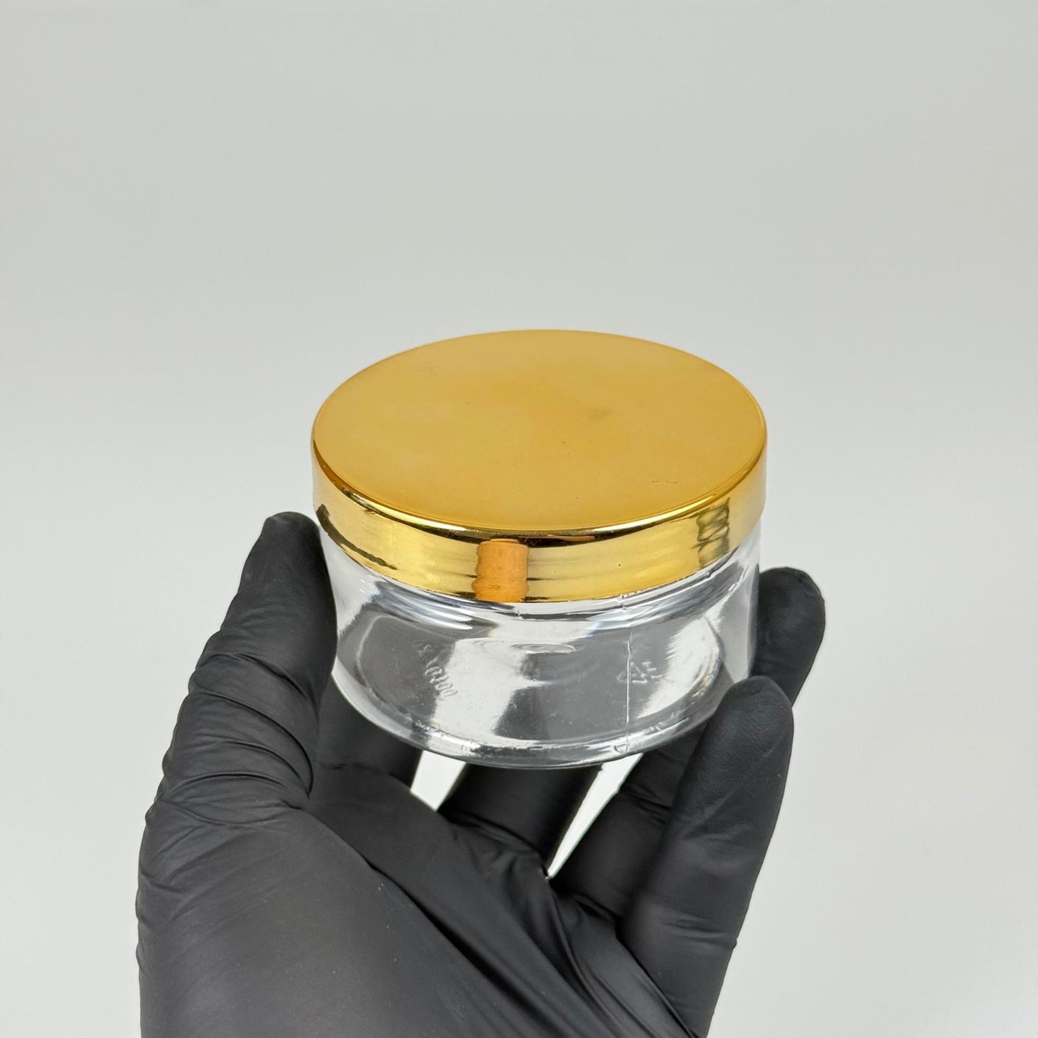 100 ML SERT PET KAVANOZ + GOLD KAPLAMALI PLASTİK KAPAK + İÇ TIPA - 100 CC KALIN ŞEFFAF PLASTİK KAVANOZ GOLD KAPLAMALI PLASTİK KAPAKLI İÇ TIPALI TAKIM - KREM KAVANOZLARI