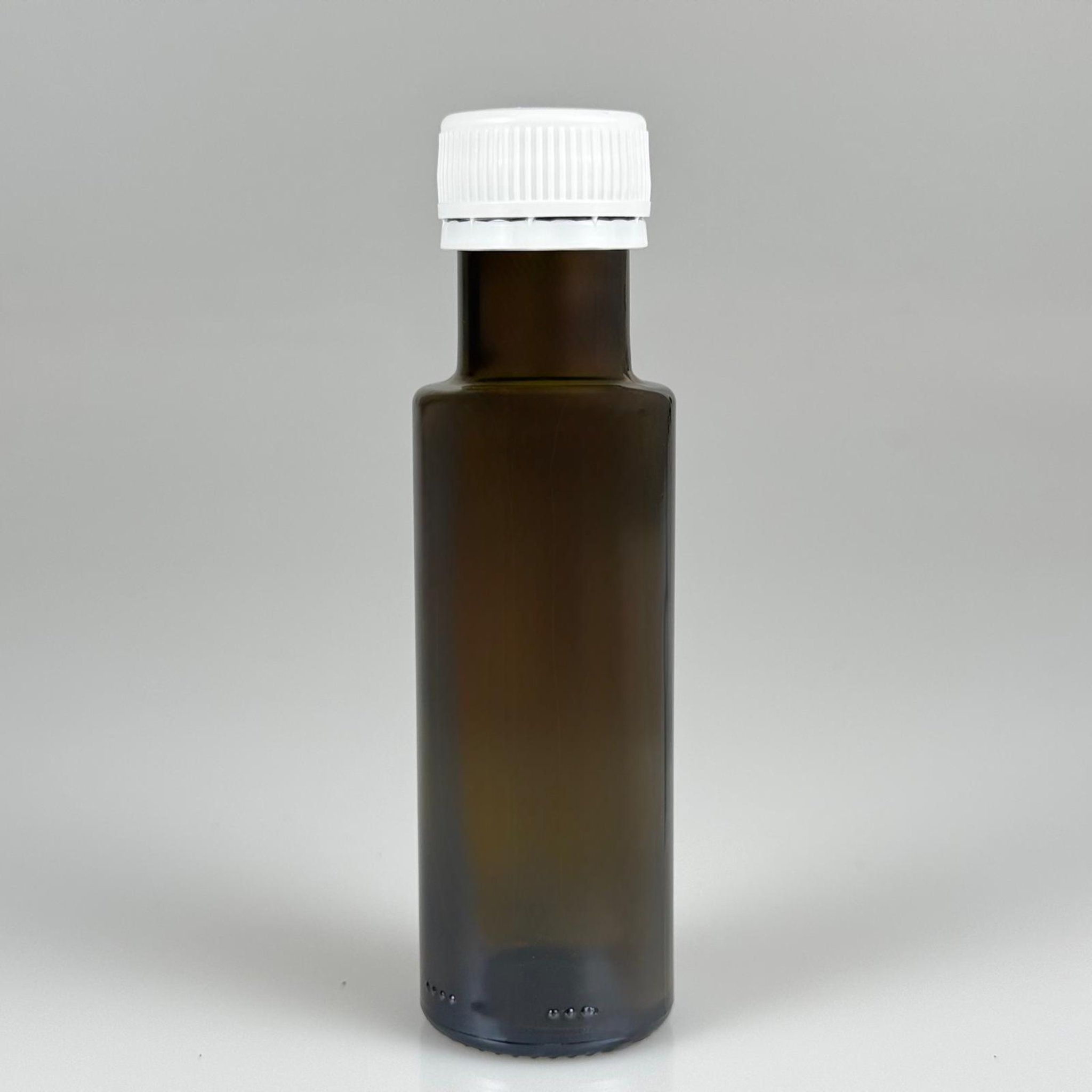 100 CC DORİKA CAM ŞİŞE KOYU YEŞİL (31 MM AĞIZ) - CONTALI BEYAZ KİLİTLİ KAPAKLI - 100 ML SİLİNDİR DORİCA YAĞ VE SOS ŞİŞELERİ