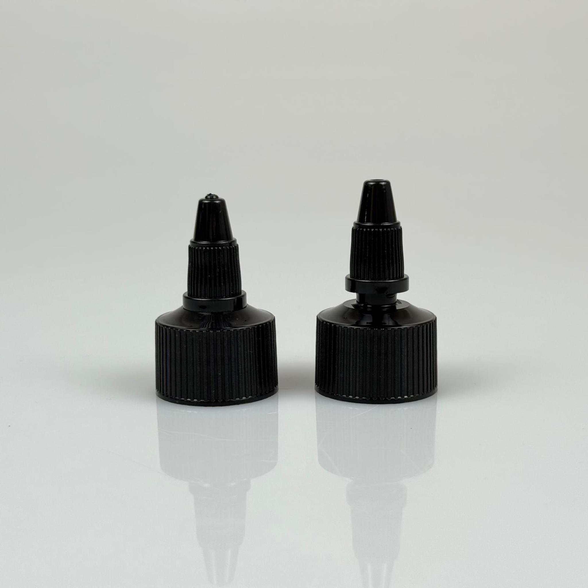 24 MM TWİST ASANSÖR SİVRİ SİYAH KAPAK - ZEYTİNYAĞ, SOS, MÜREKKEP, ŞAMPUAN, TUTKAL KARTUŞ İÇİN AKITICILI PLASTİK KAPAK