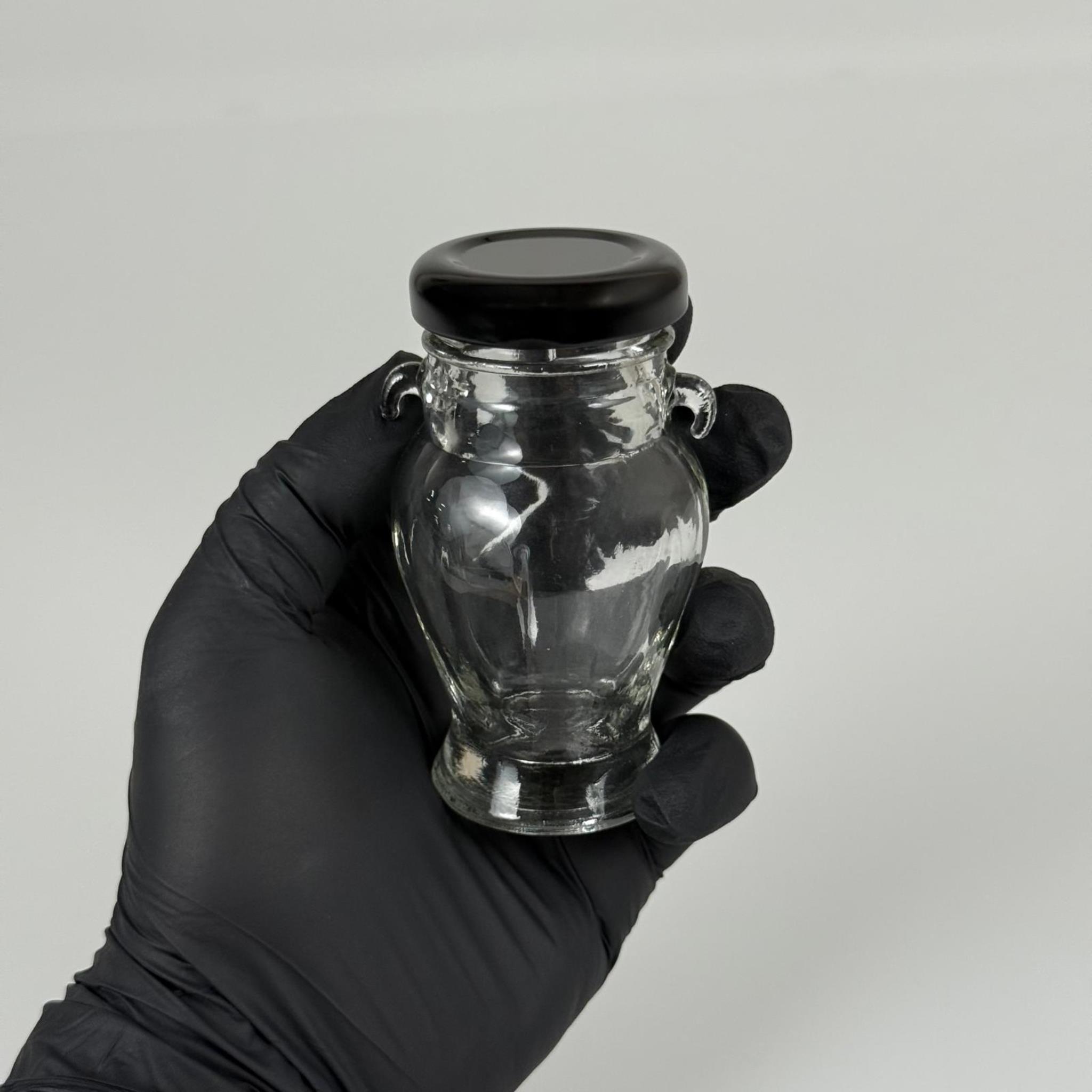 60 CC AMPHORA CAM KAVANOZ - SİYAH METAL KAPAKLI - 60 ML CAM KAVANOZ - TEK KULPLU, KULPSUZ VEYA ÇİFT KULPLU GELEBİLİR