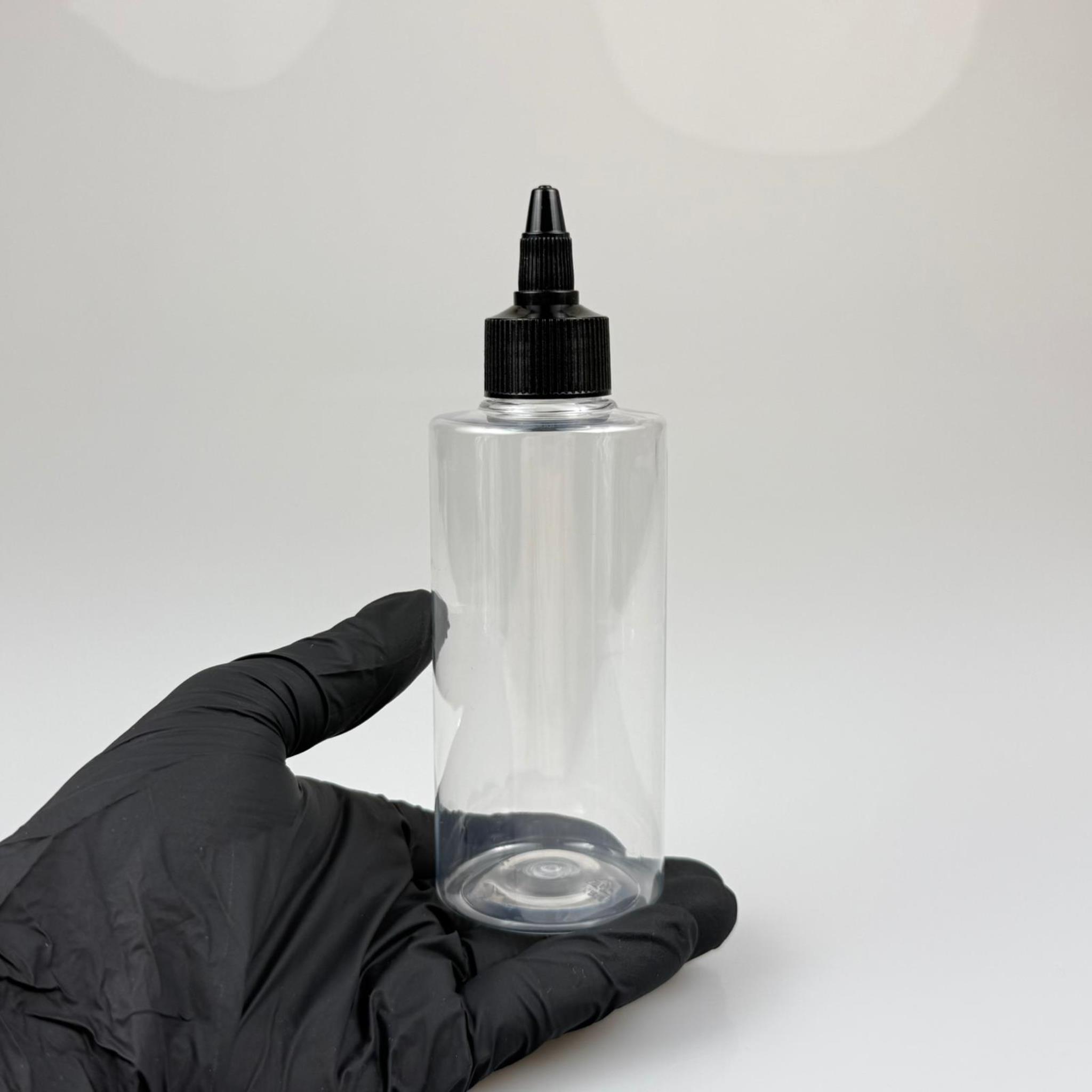 YAĞ, SOS, ACI SOS, SİRKE, SRIRACHA, MÜREKKEP, TUTKAL AKITICI VB BOŞ ŞİŞELERİ - SİYAH SİVRİ TWİST AKITICI KAPAK + 200 ML KÜT PET PLASTİK ŞİŞE TAKIM