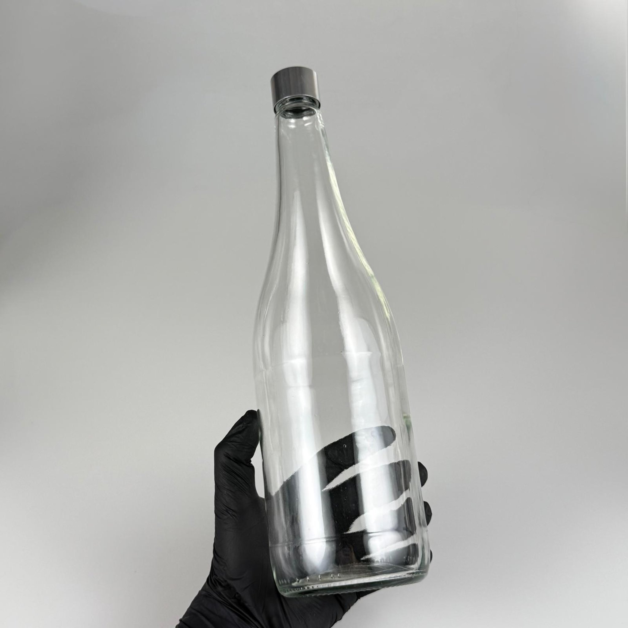 1000 CC ŞEFFAF CAM ŞERBET ŞİŞESİ + ALÜMİNYUM KAPLAMALI GÜMÜŞ KAPAKLI TAKIM - 1000 ML CAM ŞİŞE
