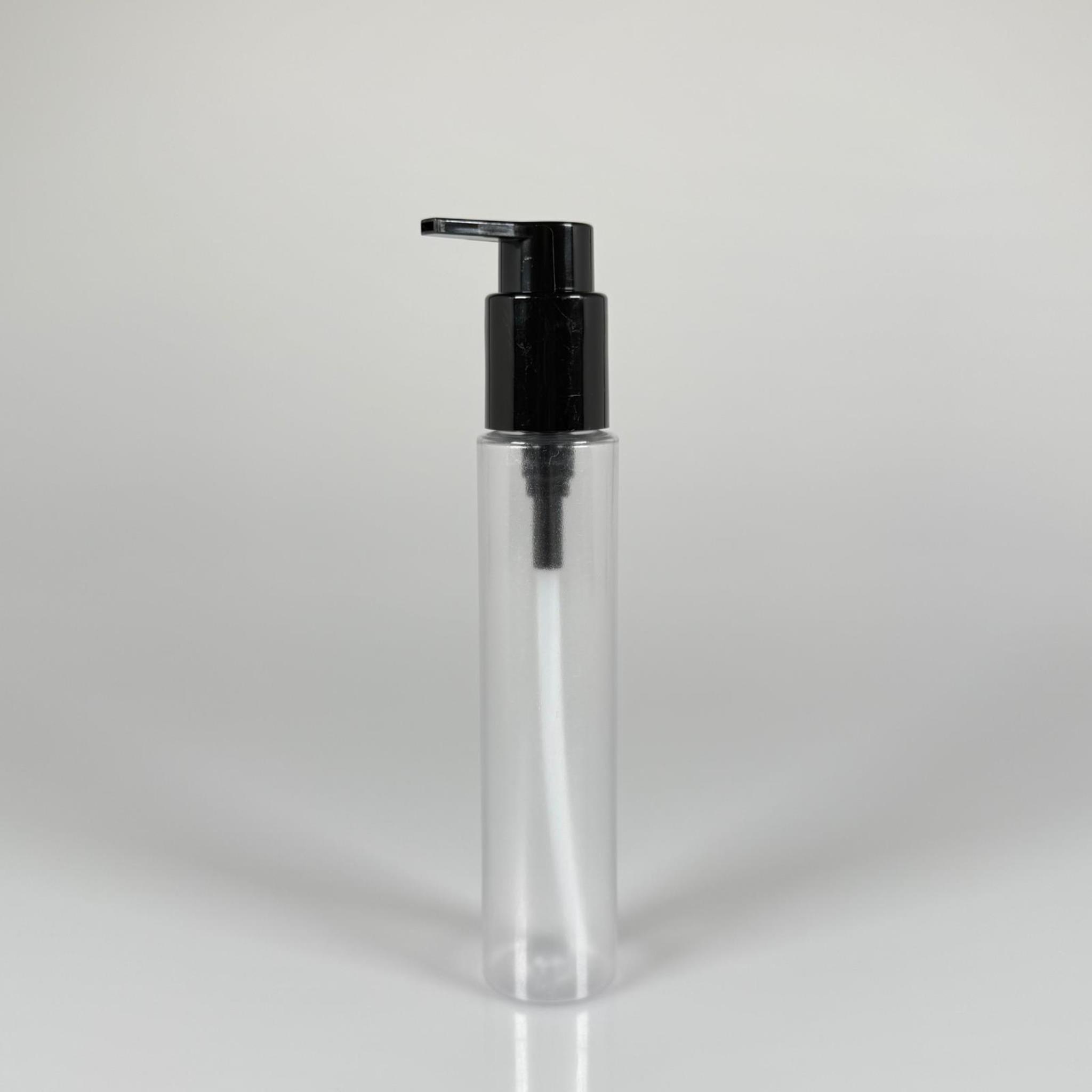 100 CC UZUN SİLİNDİR BUĞULU PET ŞİŞE (24 GR)  - SİYAH XAVİER POMPALI - 100 ML BİBERİYE SUYU, LAVANTA YAĞI, SAÇ SERUM, TONİK VB İÇİN PLASTİK KOZMETİK AMBALAJLARI