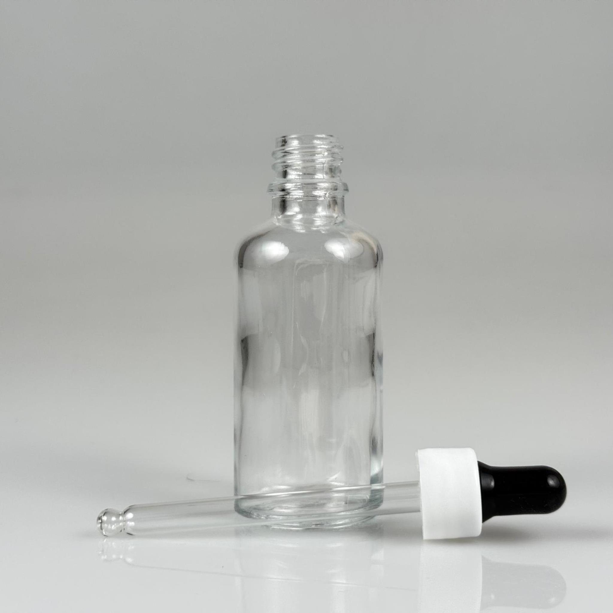 50 CC ŞEFFAF CAM DAMLALIKLI ŞİŞE - SİYAH EMZİK + BEYAZ DÜZ KAPAK + CAM PİPET TAKIM - 50 ML DAMLALIKLI ŞİŞE SETİ