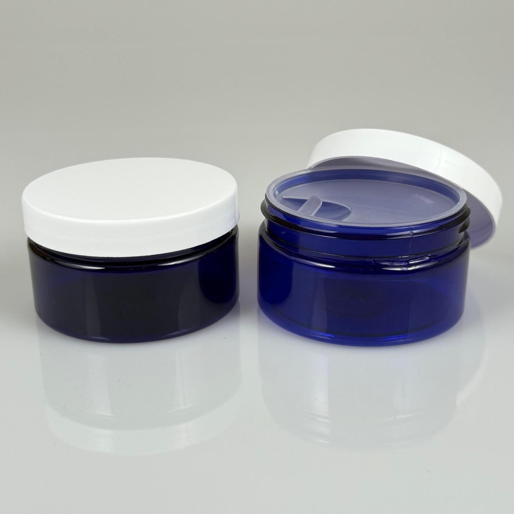 100 ML SERT PET KAVANOZ + BEYAZ PLASTİK KAPAK + İÇ TIPA - 100 CC KALIN MAVİ PLASTİK KAVANOZ BEYAZ PLASTİK KAPAKLI İÇ TIPALI TAKIM - KREM KAVANOZLARI