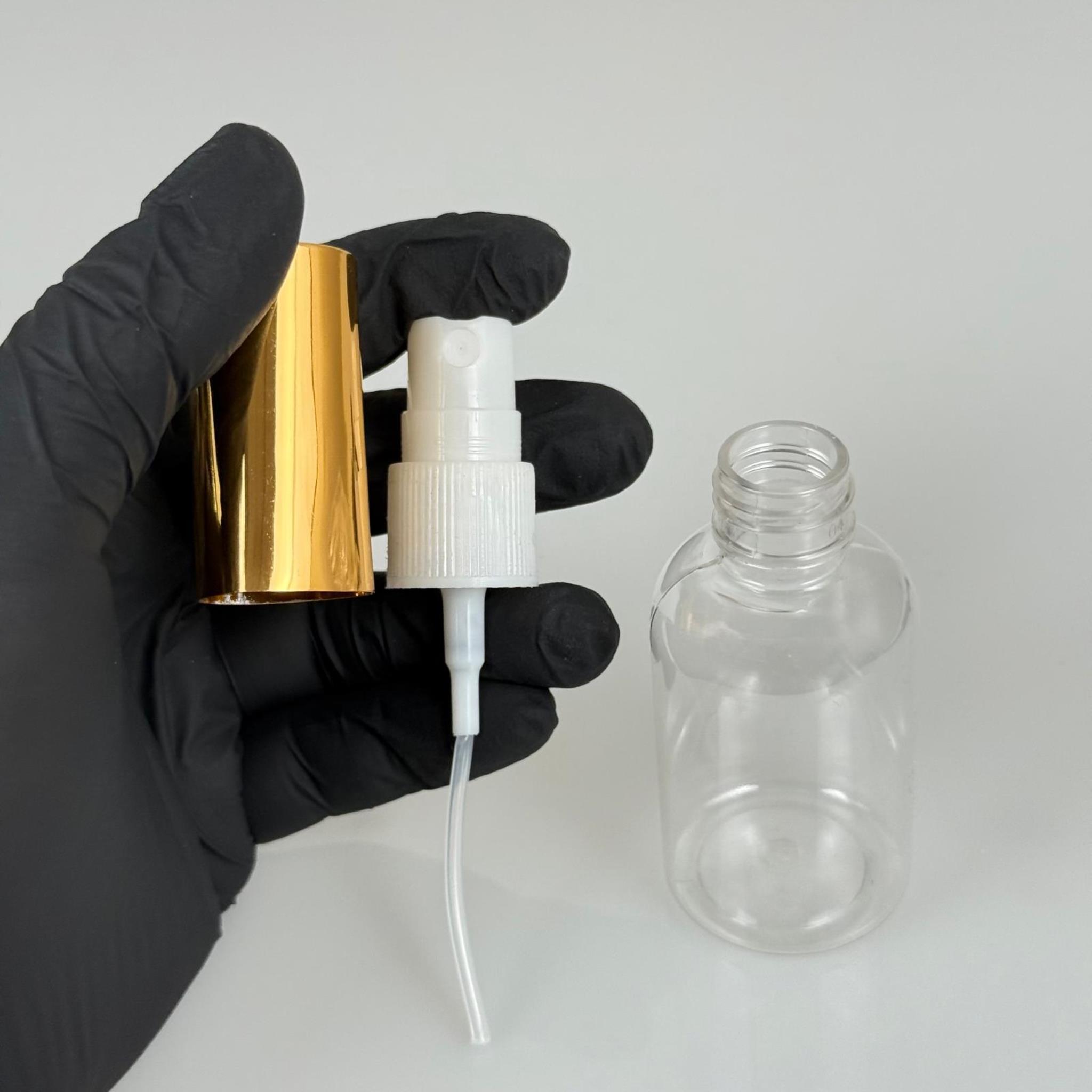 40 ML PET KOLONYA, PARFÜM VB ŞİŞELERİ - METAL ALÜMİNYUM GOLD KAPAK + VİDALI SPREY + 40 CC TOMBUL ŞİŞE SET TAKIM