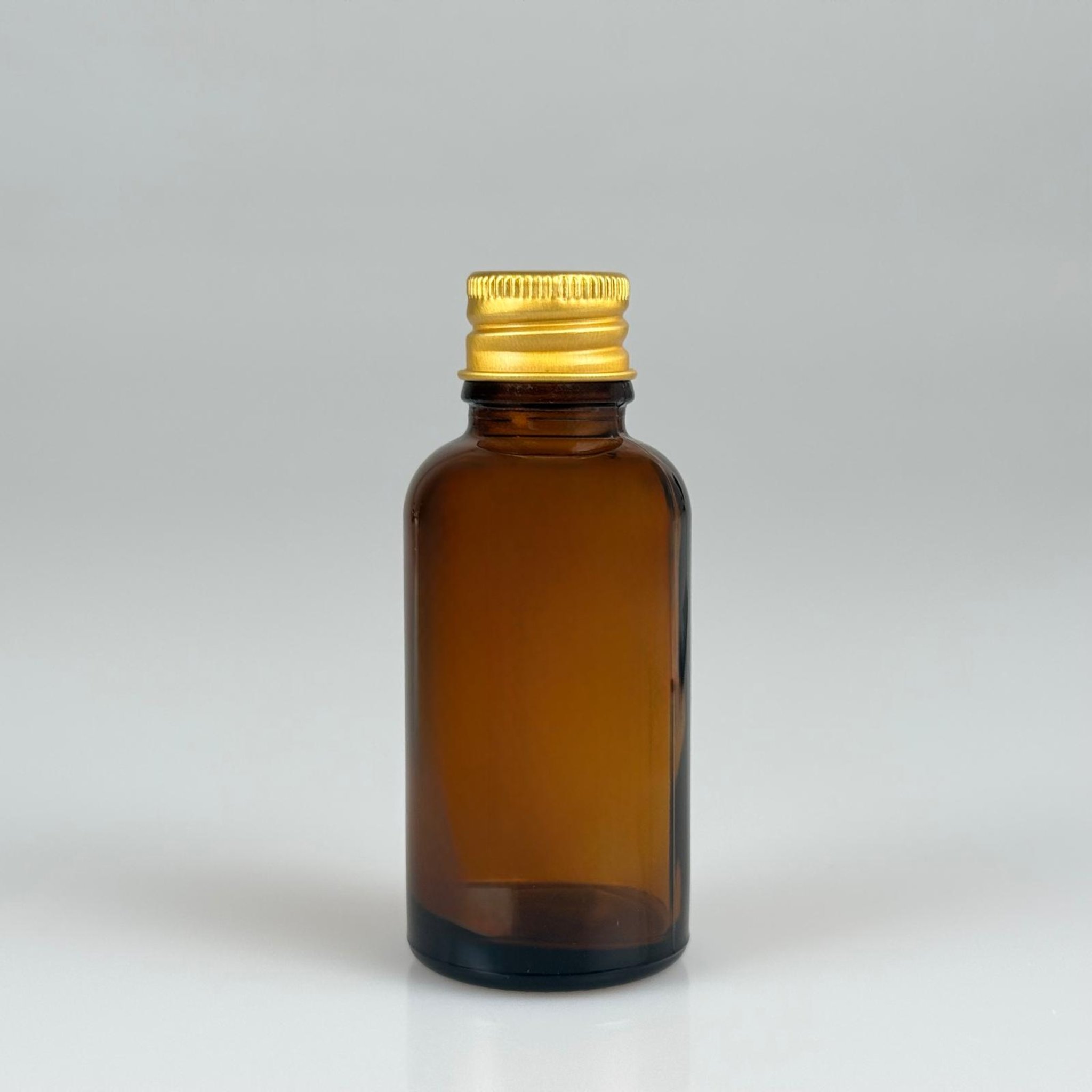 30 CC AMBER CAM ŞİŞE + KÖPÜK CONTALI GOLD ALÜMİNYUM METAL KAPAKLI TAKIM - 30 ML KAHVERENGİ CAM ŞİŞE