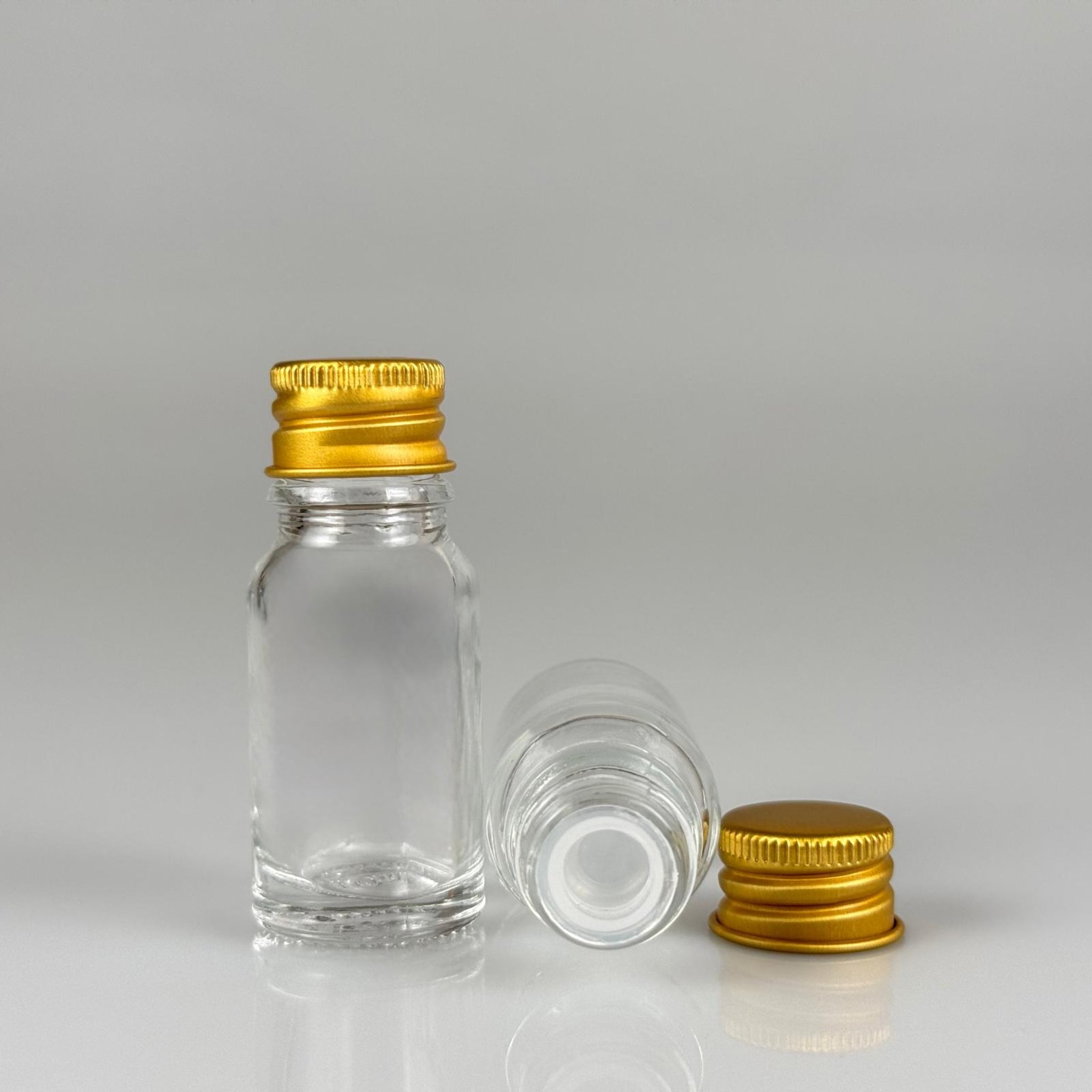 10 CC ŞEFFAF CAM ŞİŞE + KÖPÜK CONTALI GOLD ALÜMİNYUM METAL KAPAKL + KÖR TIPALI TAKIM - 10 ML ŞEFFAF CAM ŞİŞE