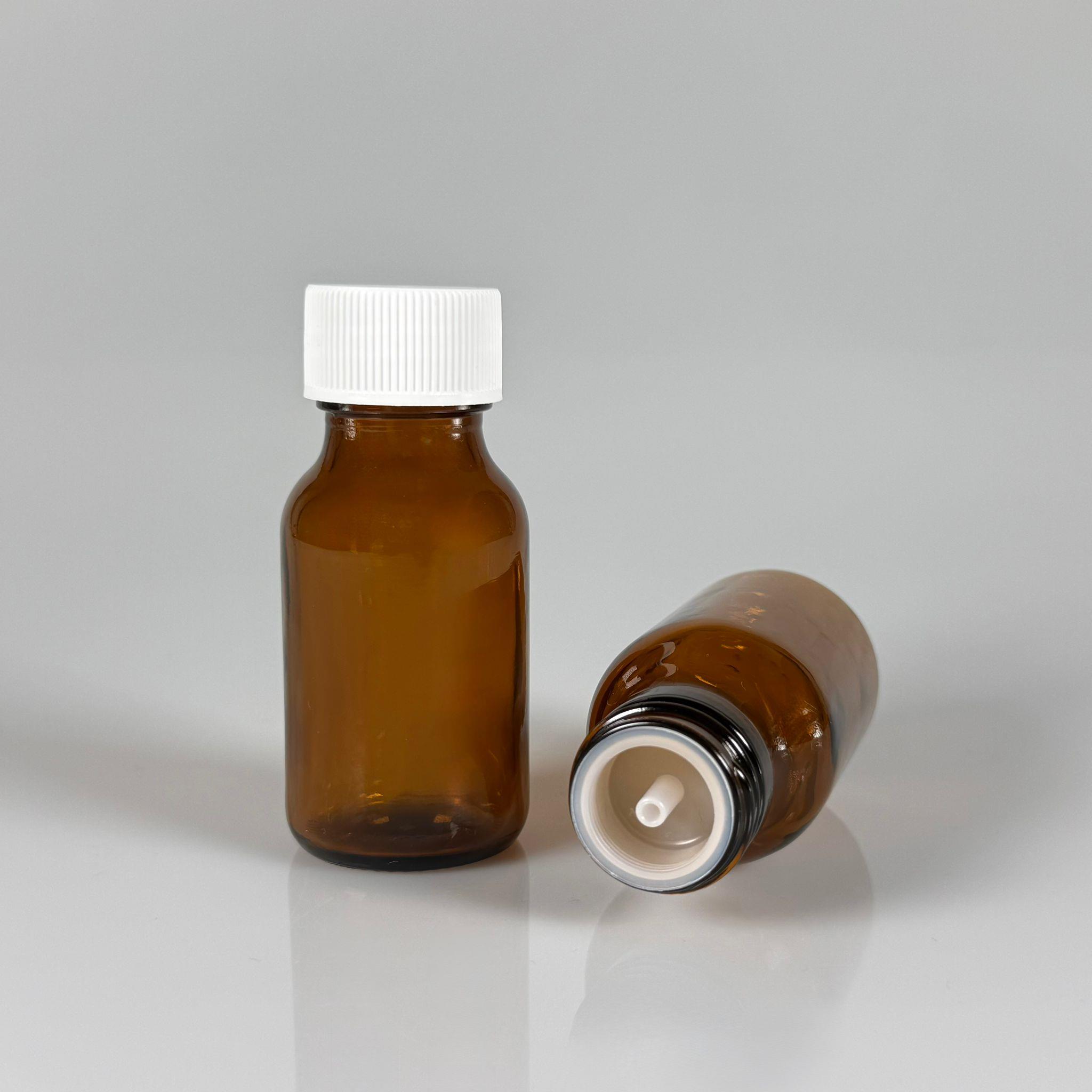 50 ML DOLUMU KOLAY, GENİŞ AĞIZLI İÇTEN DAMLALIKLI ŞİŞE (28 MM AĞIZ)  - 50 CC BEYAZ CONTALI KAPAKLI İÇTEN DAMLALIKLI CAM ECZA ŞİŞESİ - AMBER KAHVERENGİ