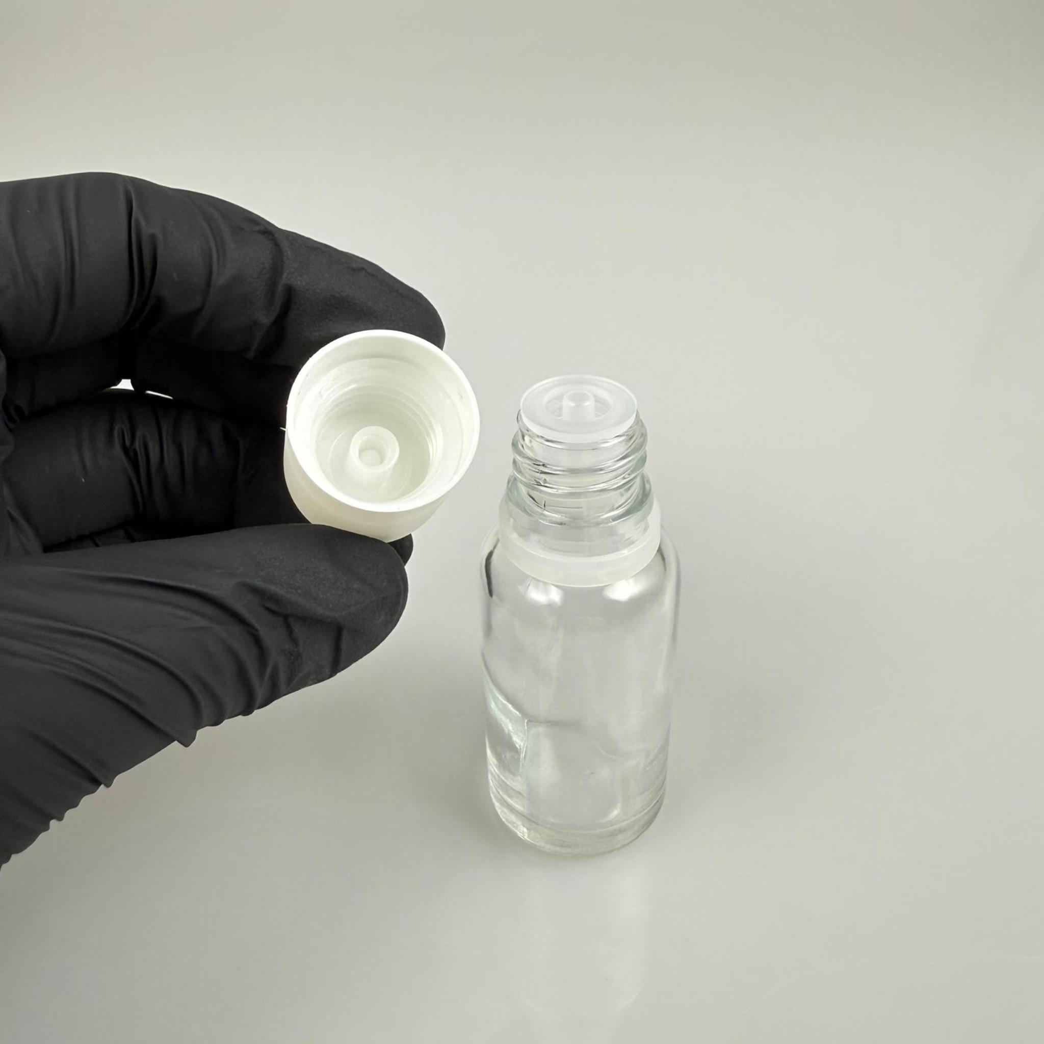 20 CC ŞEFFAF CAM ŞİŞE + İÇTEN DAMLALIKLI ÇOCUK KİLİTLİ BEYAZ KAPAK - SAYDAM 20 ML KİLİT KAPAKLI DAMLATMALI ŞİŞE