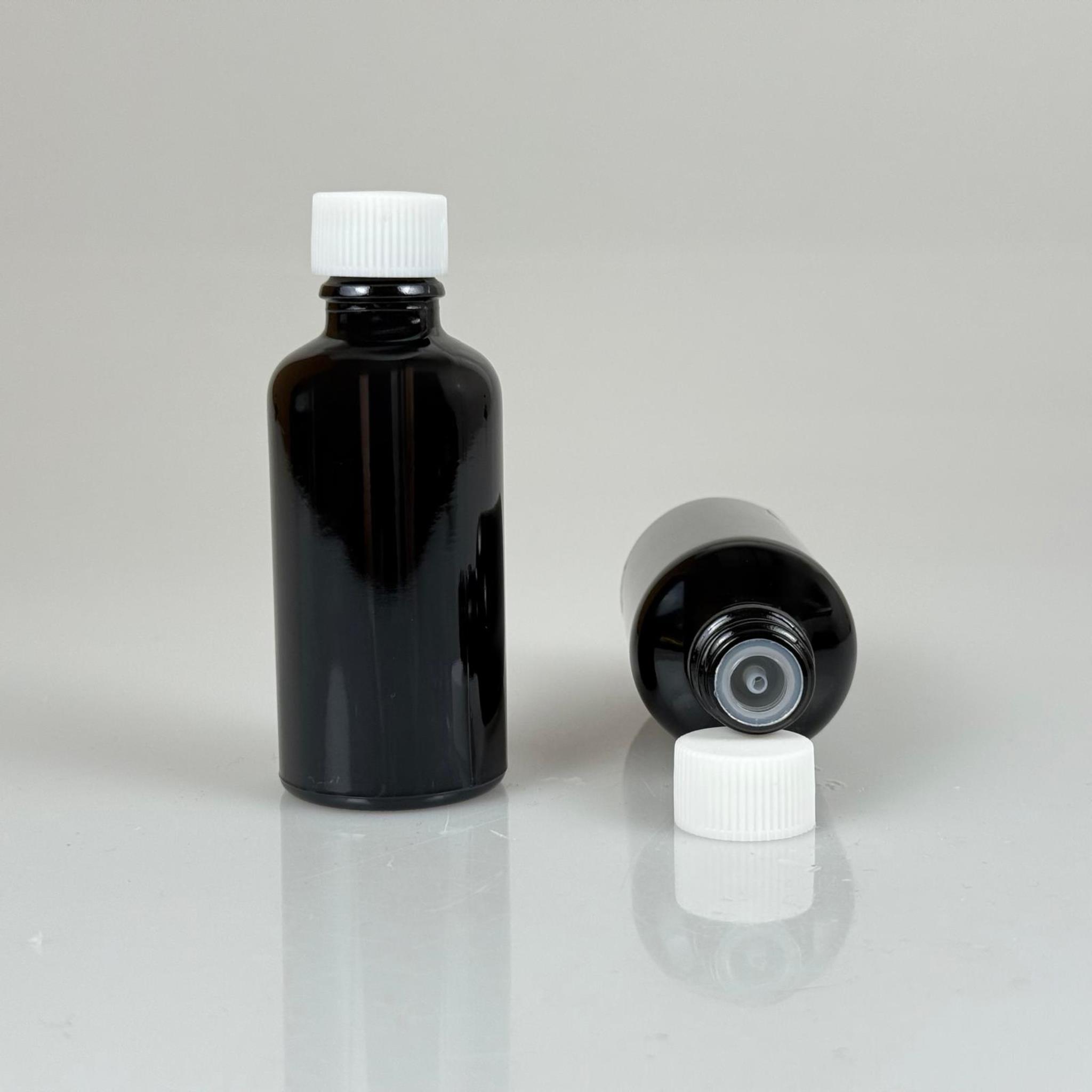 50 CC SİYAH İÇTEN DAMLALIKLI - BEYAZ PLASTİK KAPAKLI CAM ŞİŞE - 50 ML KOLONYA TIPALI CAM ŞİŞE